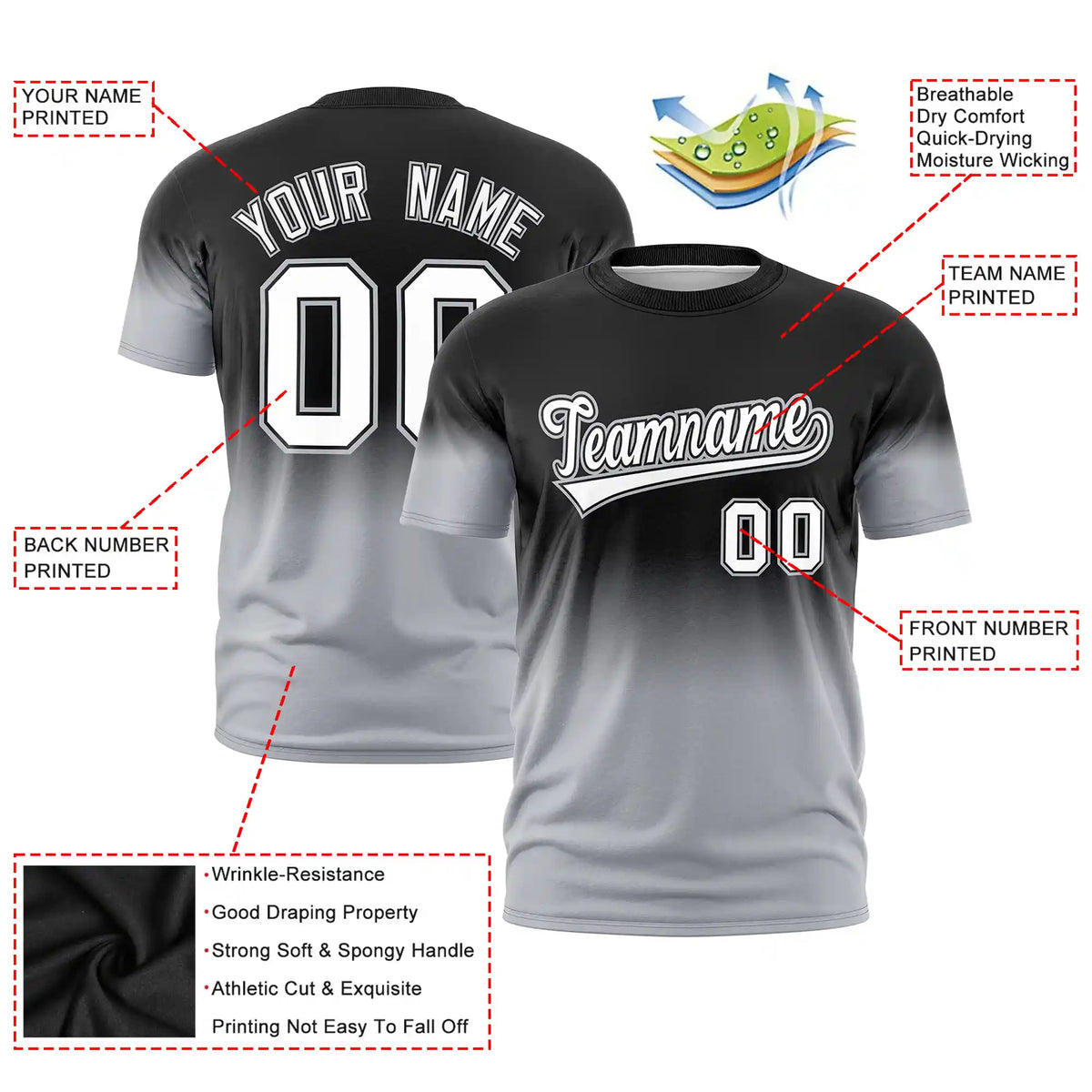 Custom Black-Gray Gradient Fashion Design Performance T-Shirt