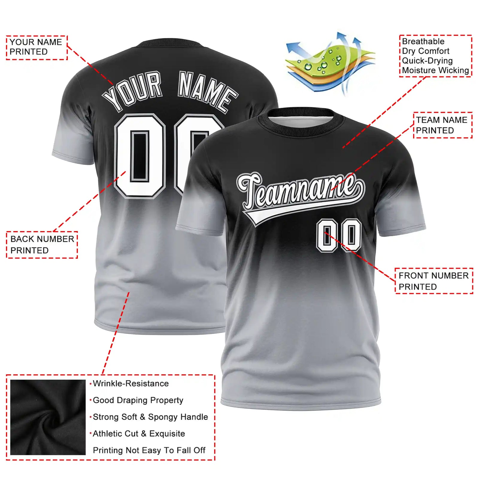 Custom Black-Gray Gradient Fashion Design Performance T-Shirt