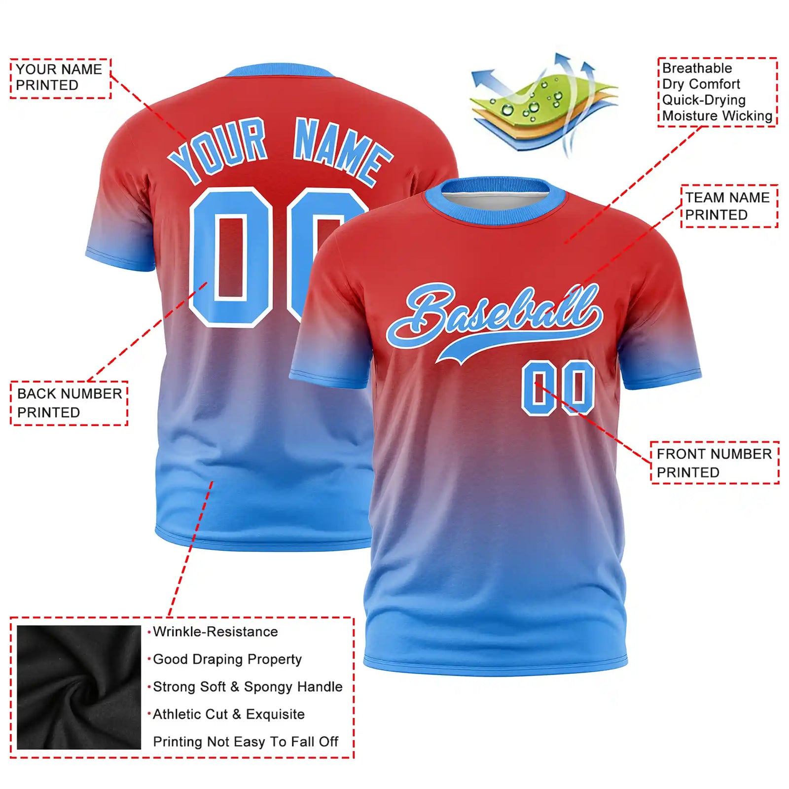 Custom Red-Powder Blue Gradient Fashion Design Performance T-Shirt