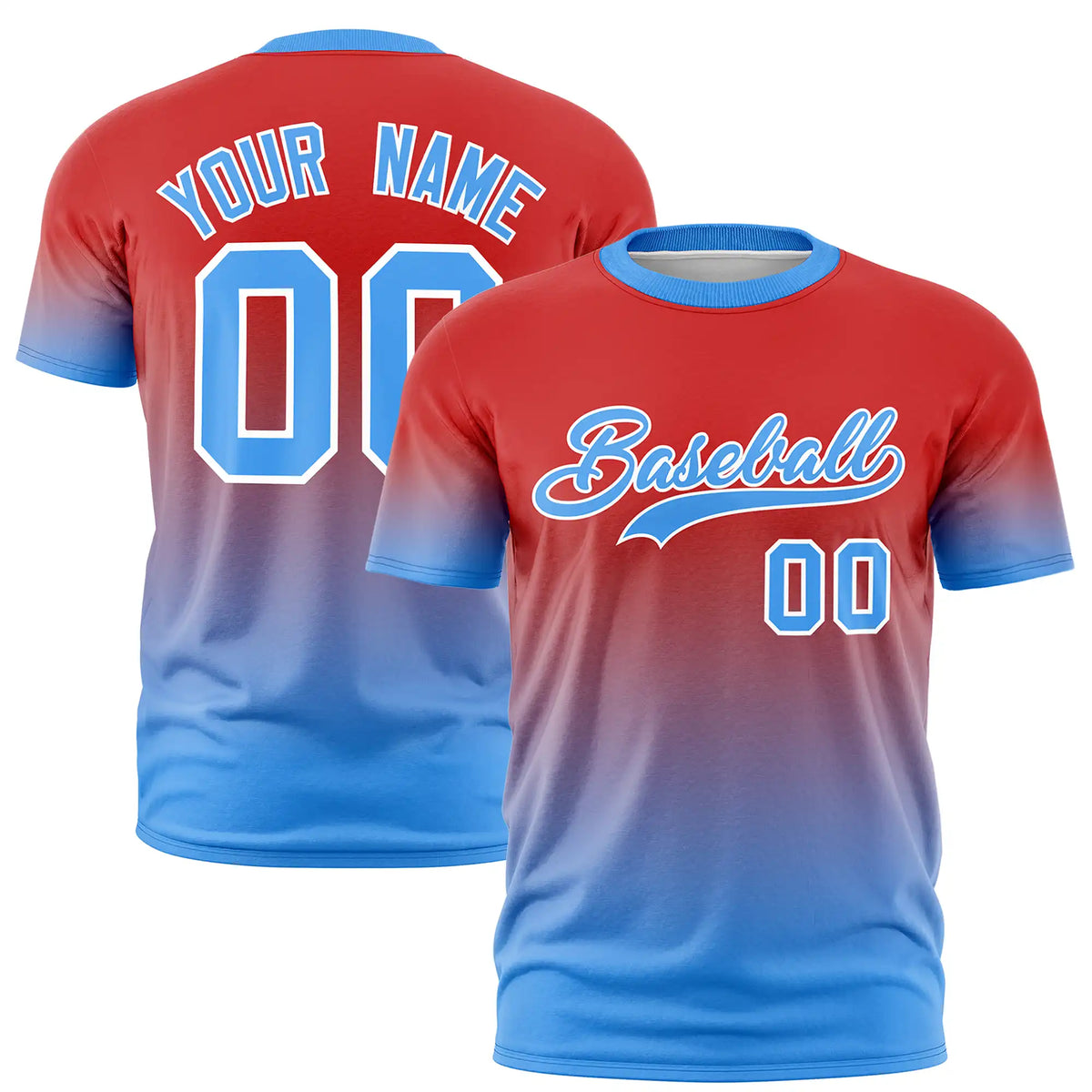 Custom Red-Powder Blue Gradient Fashion Design Performance T-Shirt