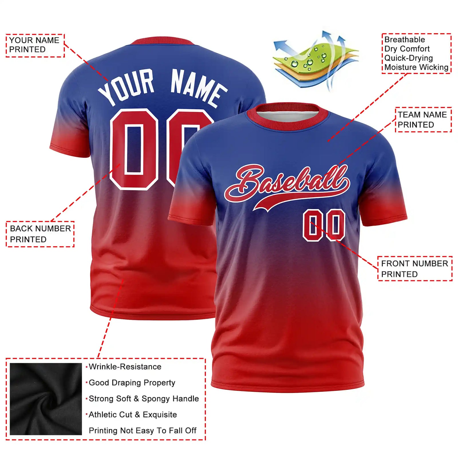 Custom Royal Blue-Red Gradient Fashion Design Performance T-Shirt