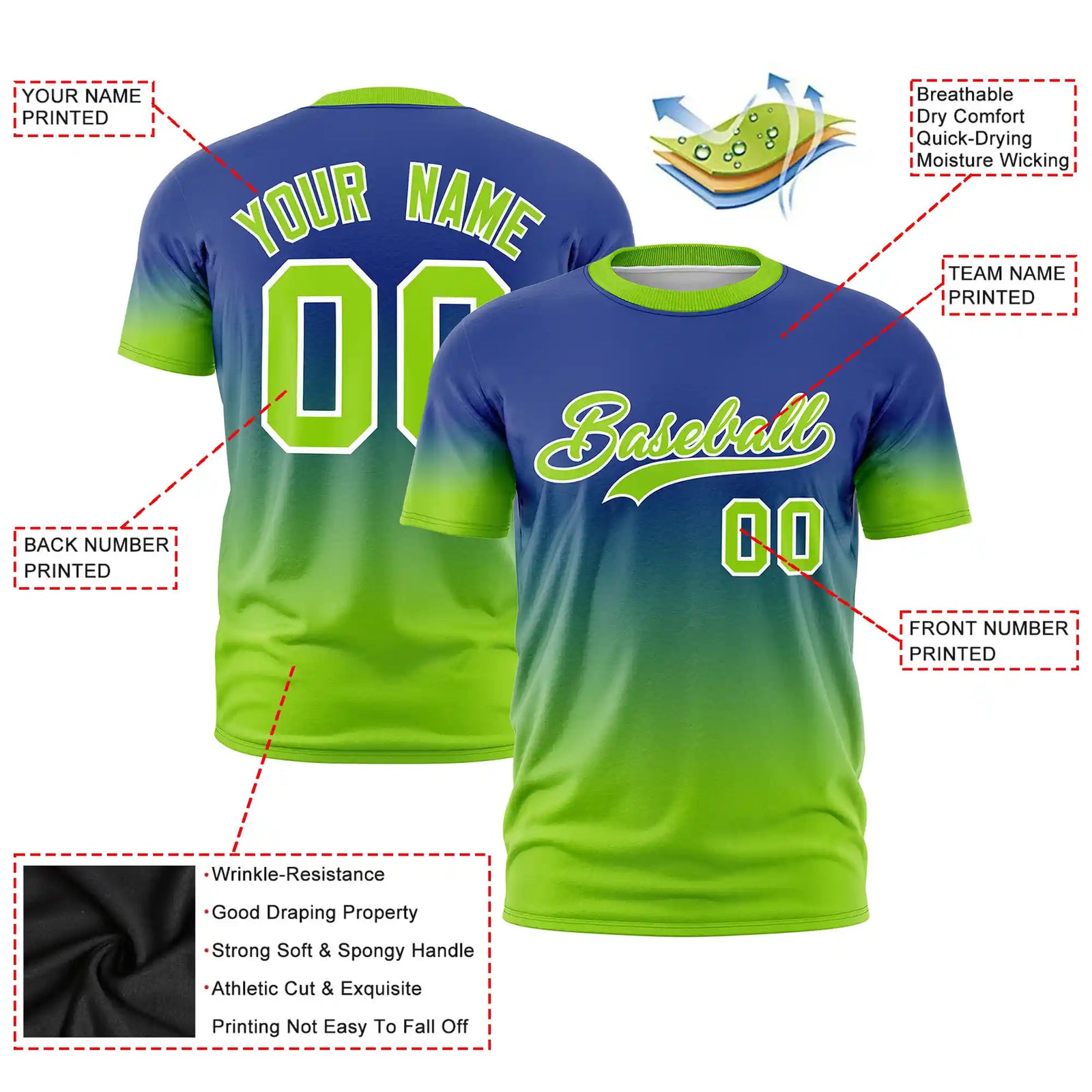Custom Royal Blue-Neon Green Gradient Fashion Design Performance T-Shirt