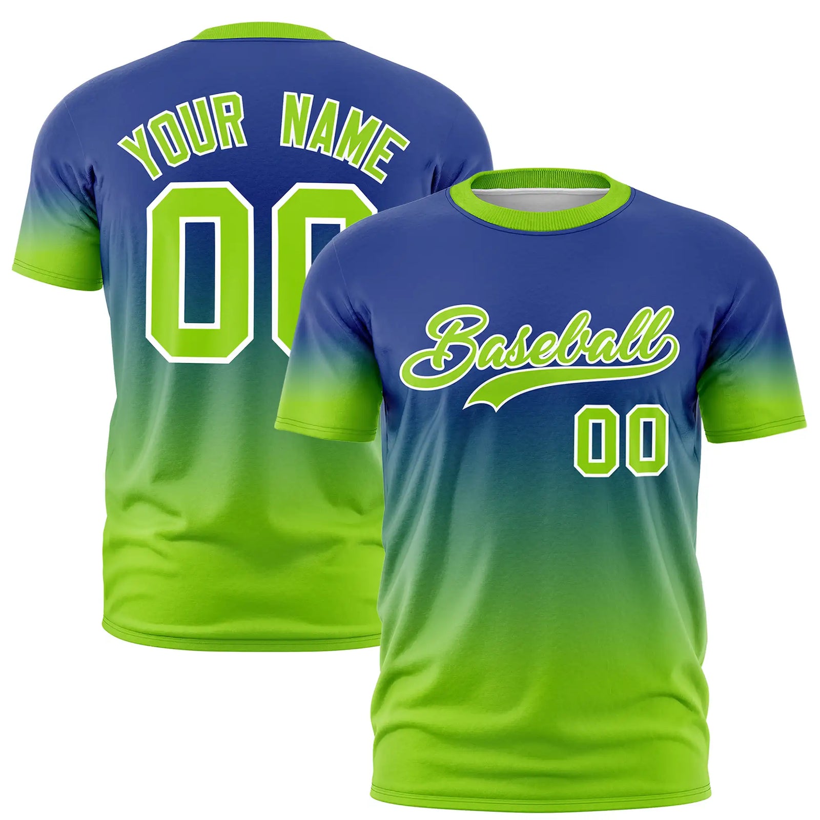 Custom Royal Blue-Neon Green Gradient Fashion Design Performance T-Shirt