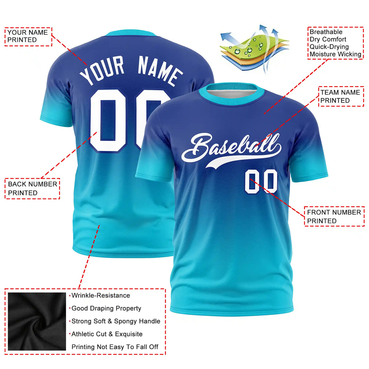 Custom Royal Blue-Sky Blue Gradient Fashion Design Performance T-Shirt