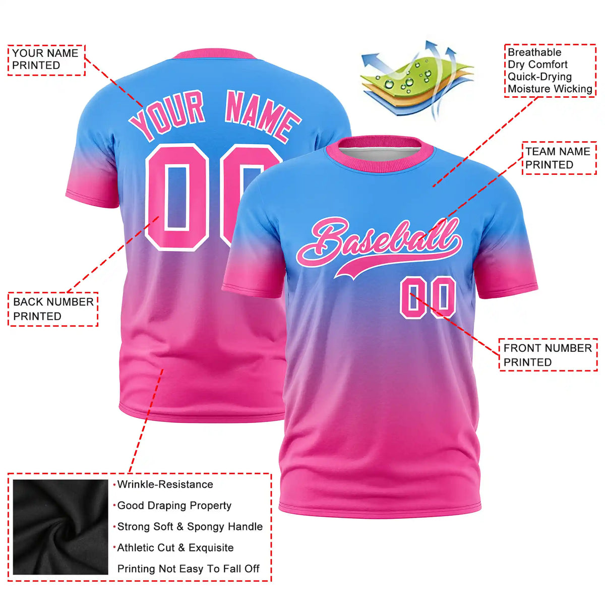 Custom Powder Blue-Pink Gradient Fashion Design Performance T-Shirt