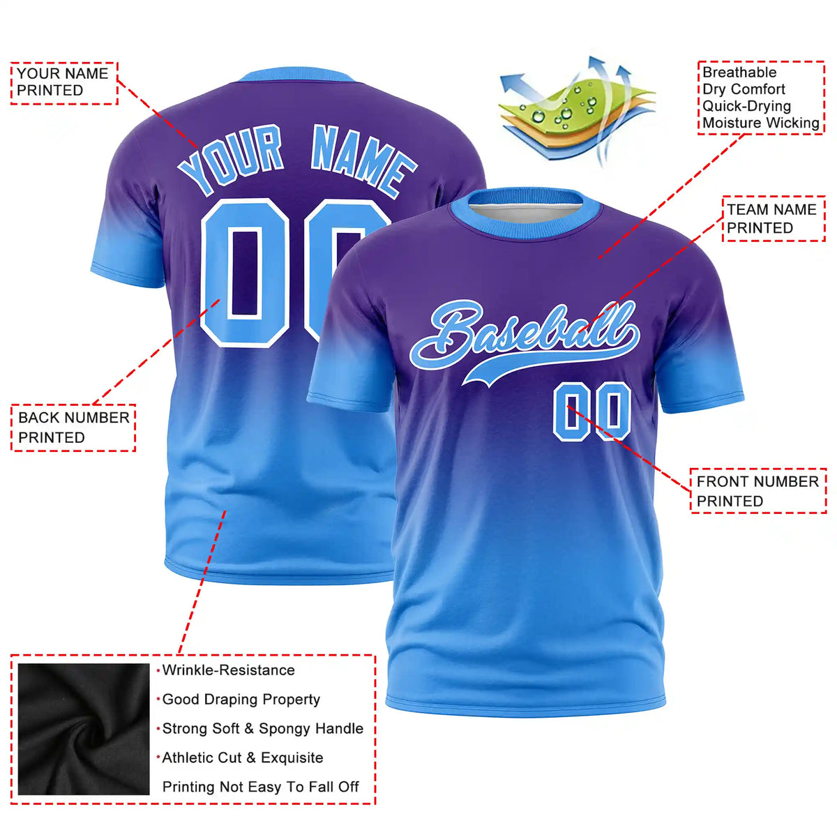 Custom Purple-Powder Blue Gradient Fashion Design Performance T-Shirt