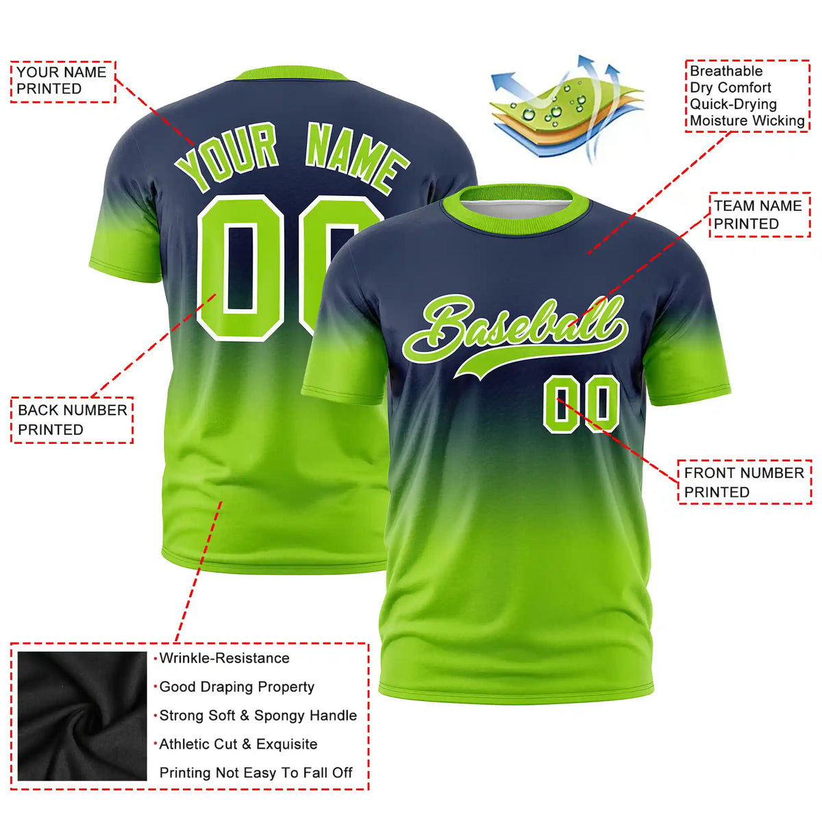 Custom Navy-Neon Green Gradient Fashion Design Performance T-Shirt