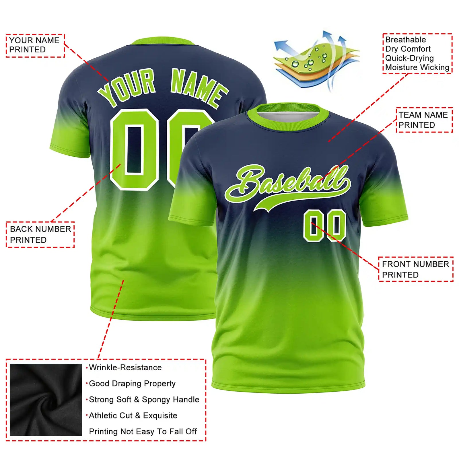 Custom Navy-Neon Green Gradient Fashion Design Performance T-Shirt