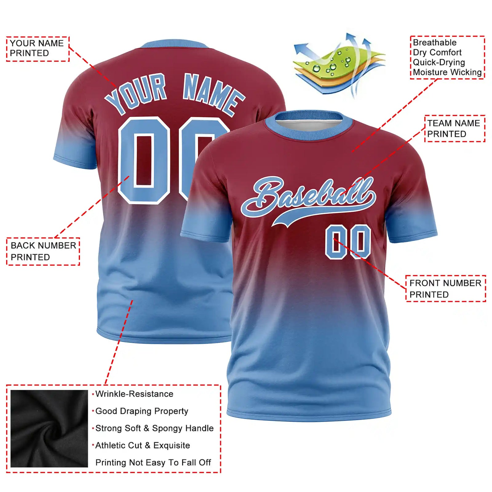 Custom Crimson-Light Blue Gradient Fashion Design Performance T-Shirt