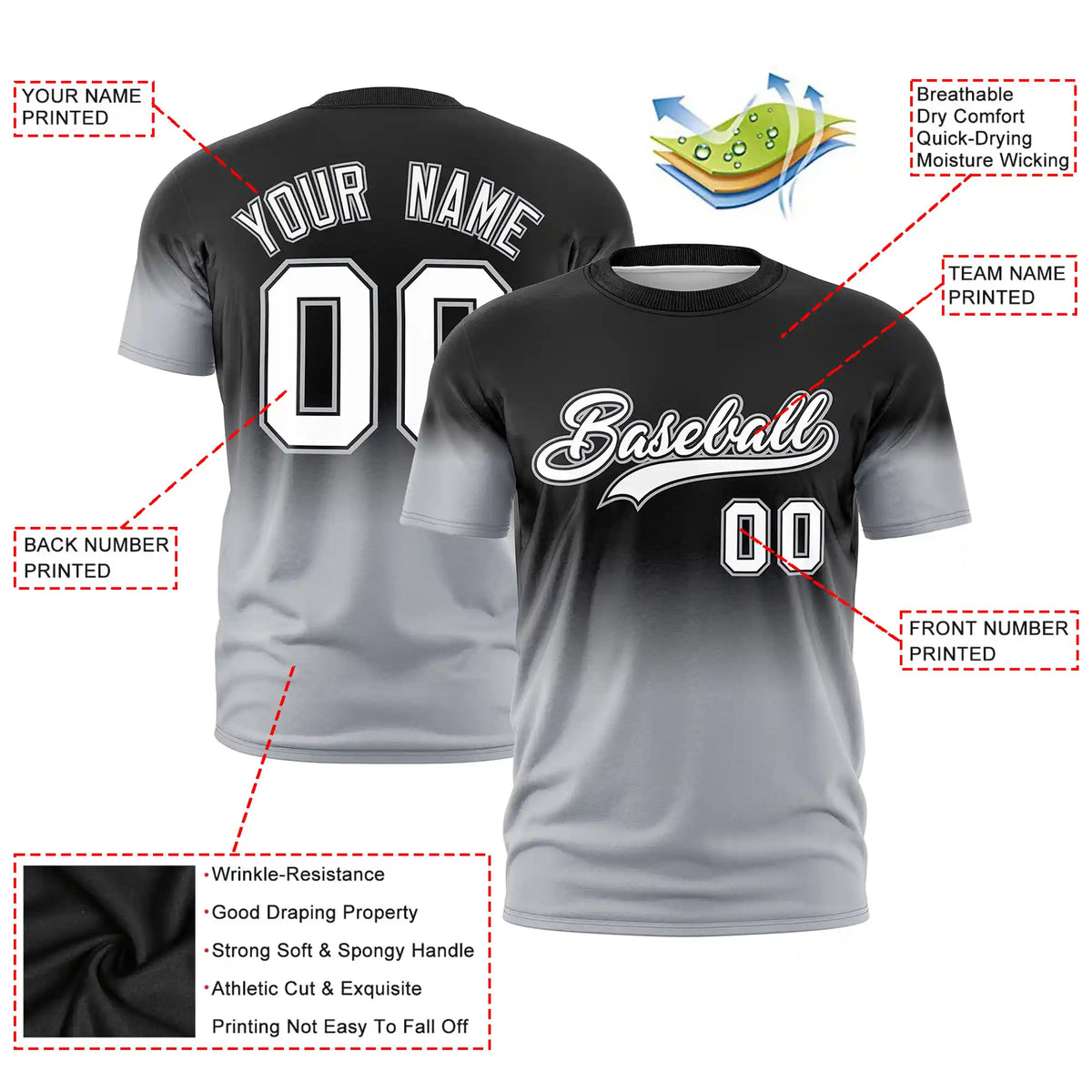 Custom Black-Gray Gradient Fashion Design Performance T-Shirt