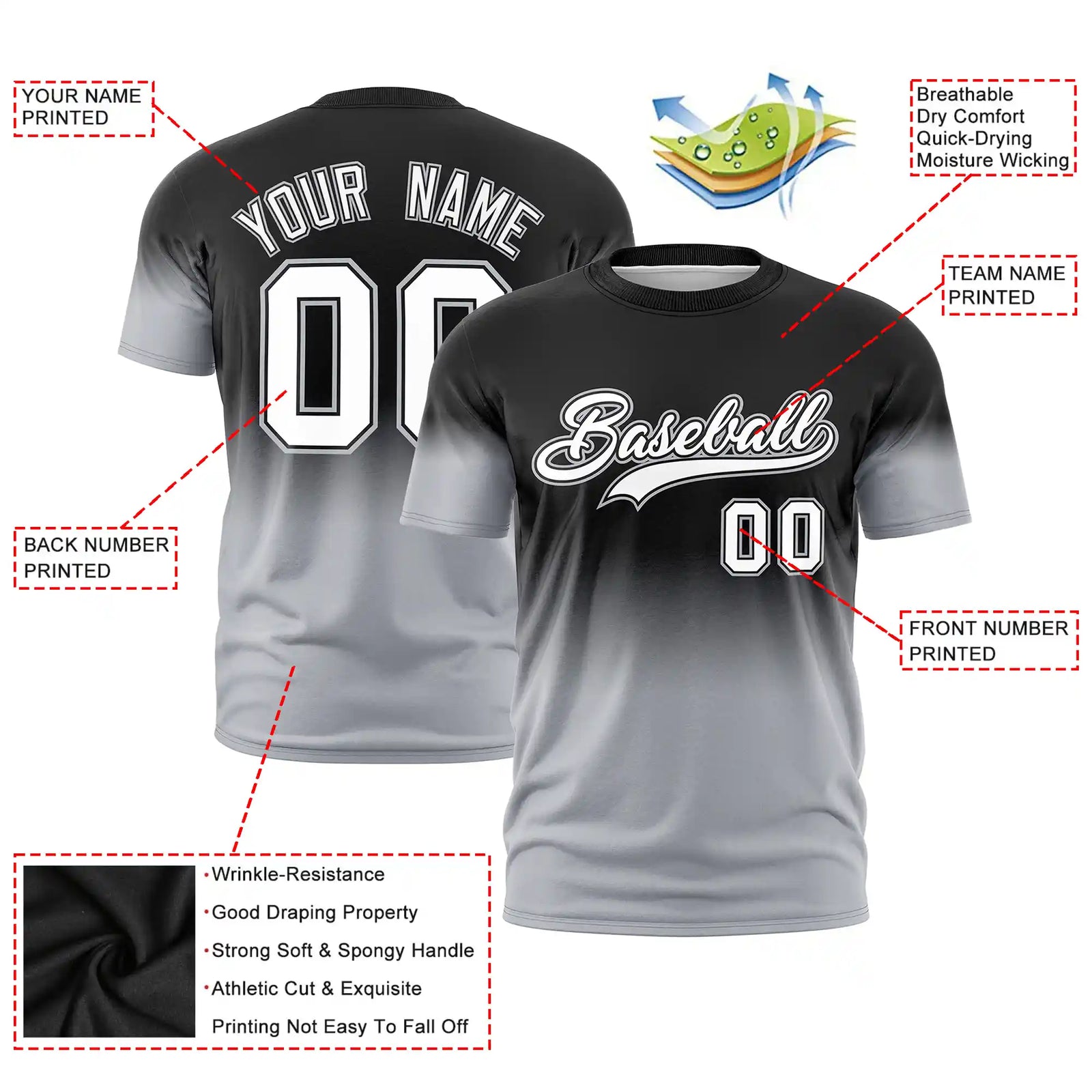 Custom Black-Gray Gradient Fashion Design Performance T-Shirt