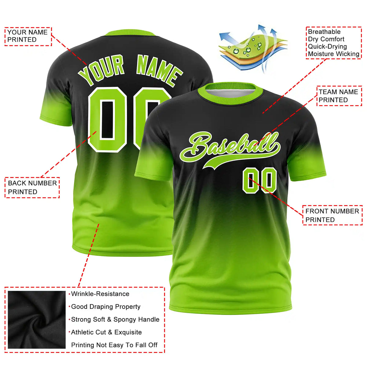 Custom Black-Neon Green Gradient Fashion Design Performance T-Shirt