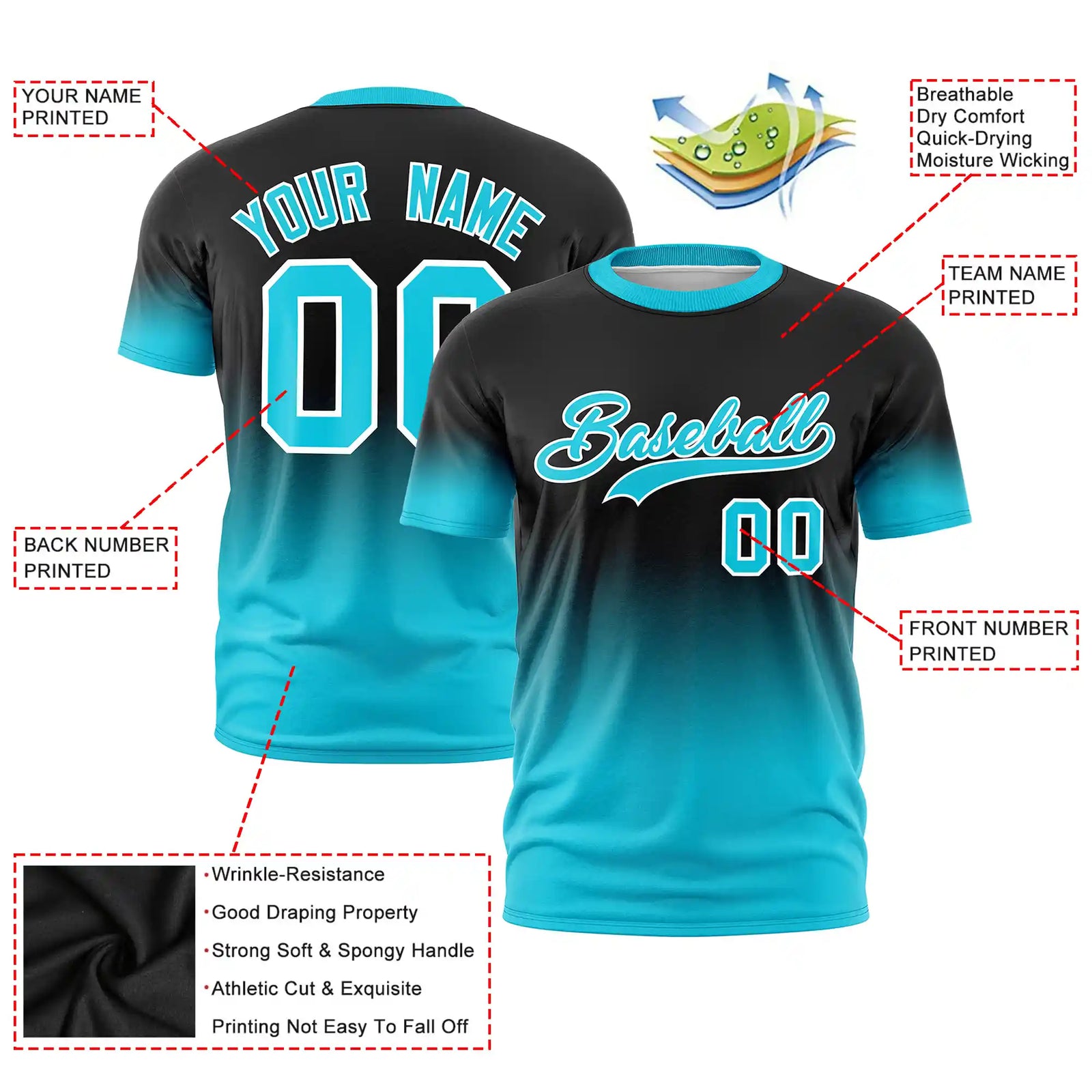 Custom Black-Sky Blue Gradient Fashion Design Performance T-Shirt