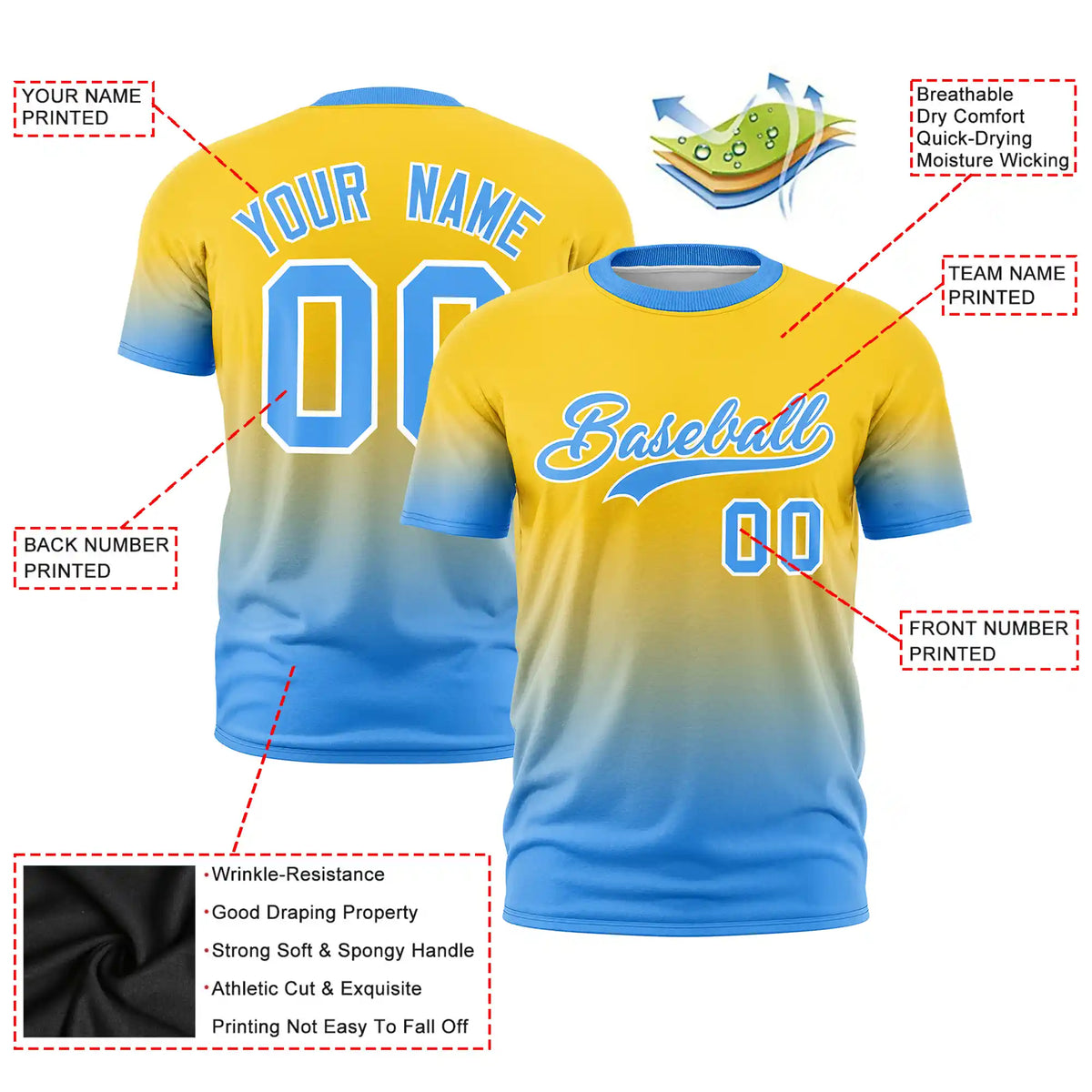 Custom Gold01-Powder Blue Gradient Fashion Design Performance T-Shirt
