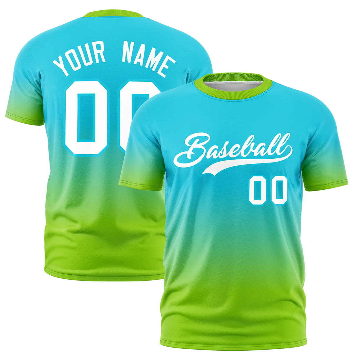 Custom Sky Blue-Neon Green Gradient Fashion Design Performance T-Shirt