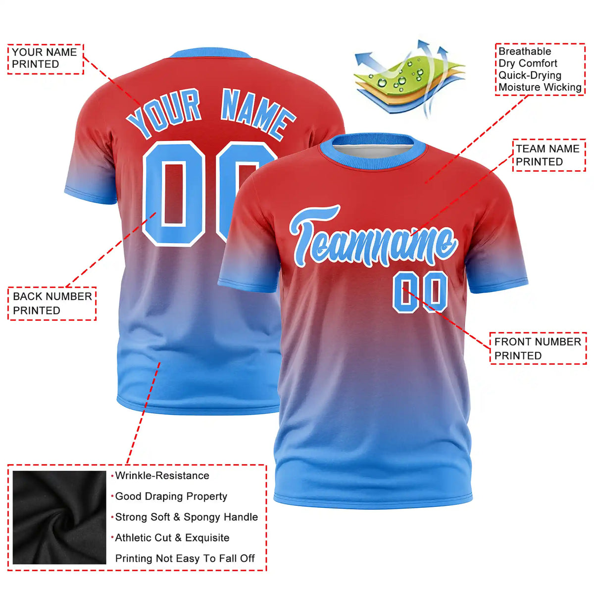 Custom Red-Powder Blue Gradient Fashion Design Performance T-Shirt