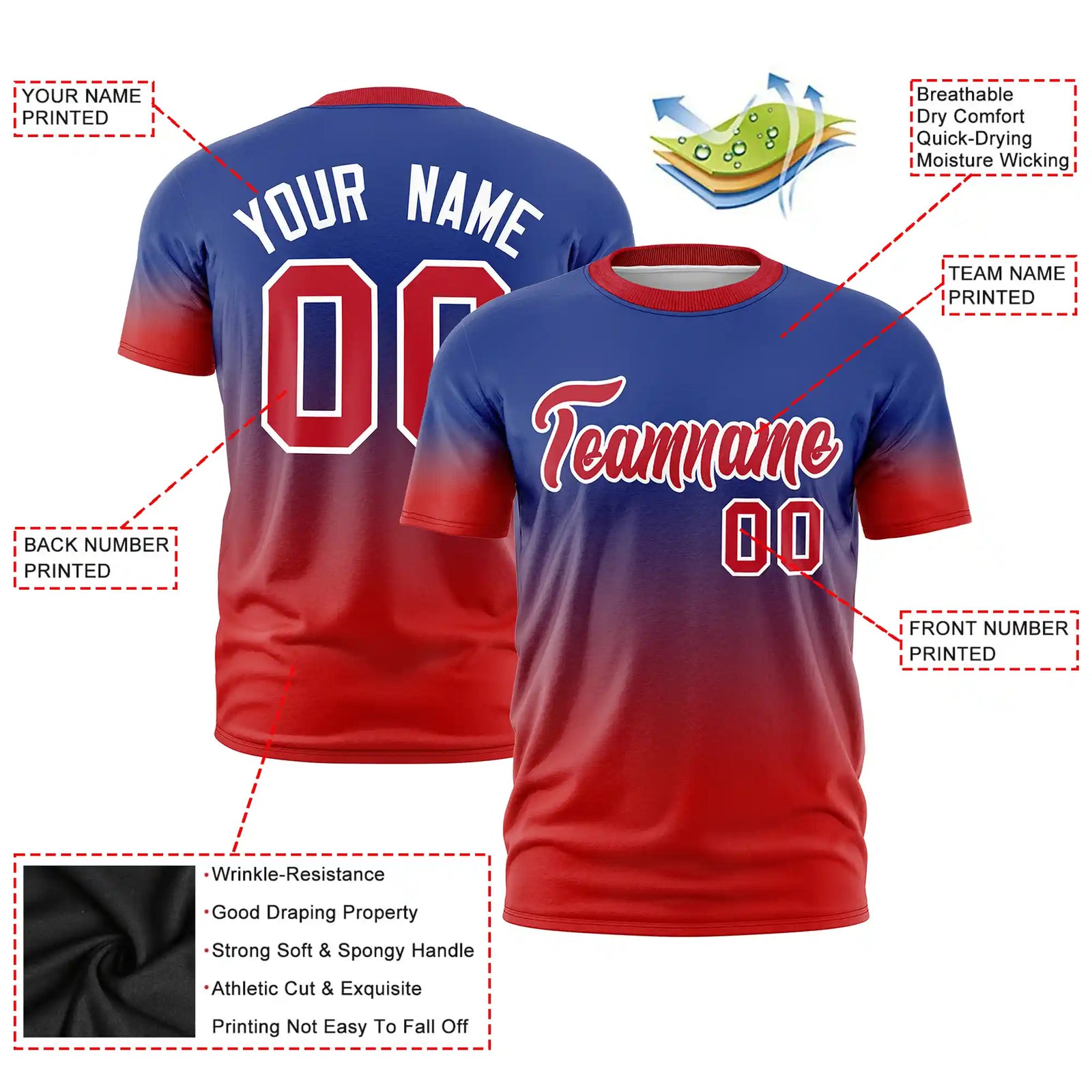 Custom Royal Blue-Red Gradient Fashion Design Performance T-Shirt