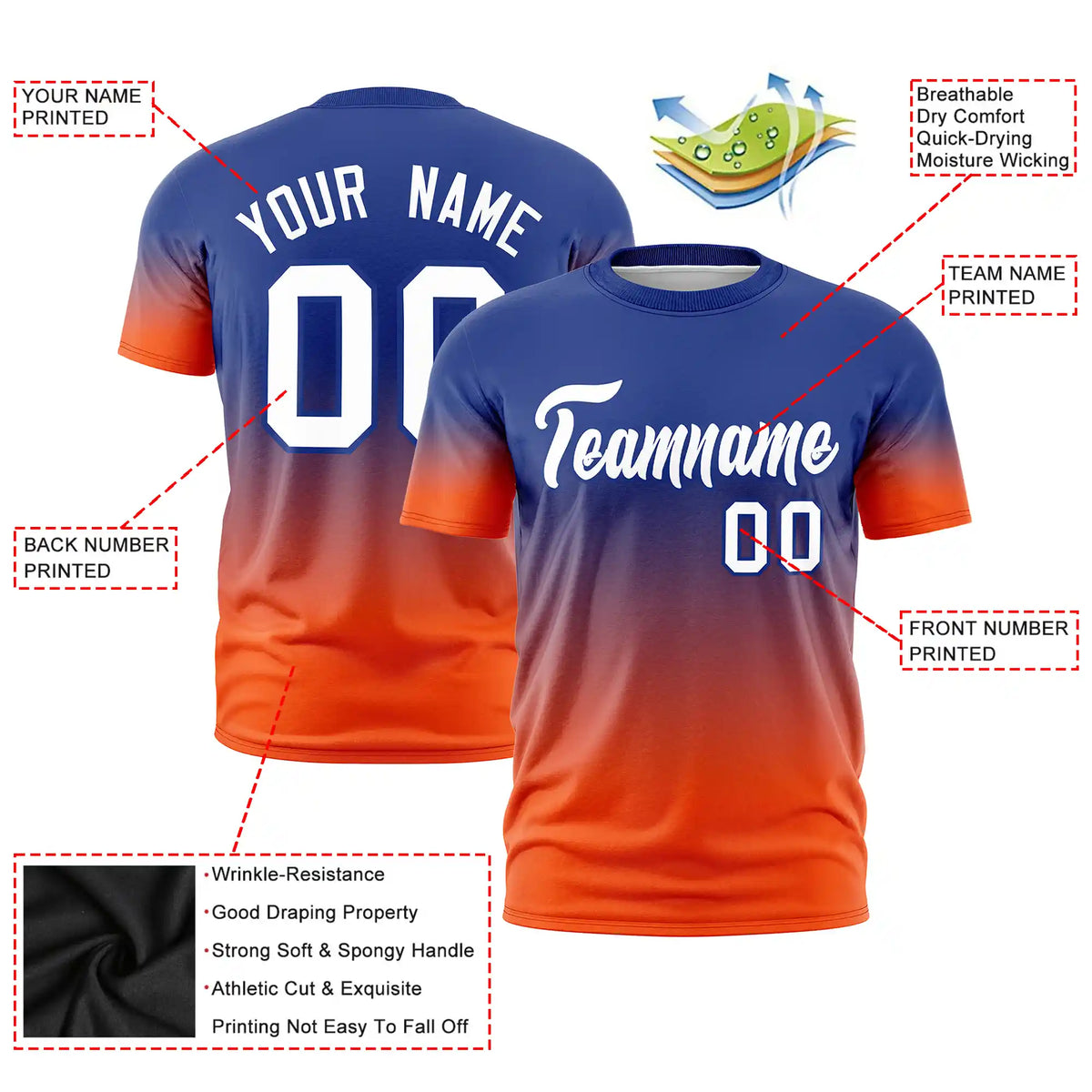 Custom Royal Blue-Orange Gradient Fashion Design Performance T-Shirt
