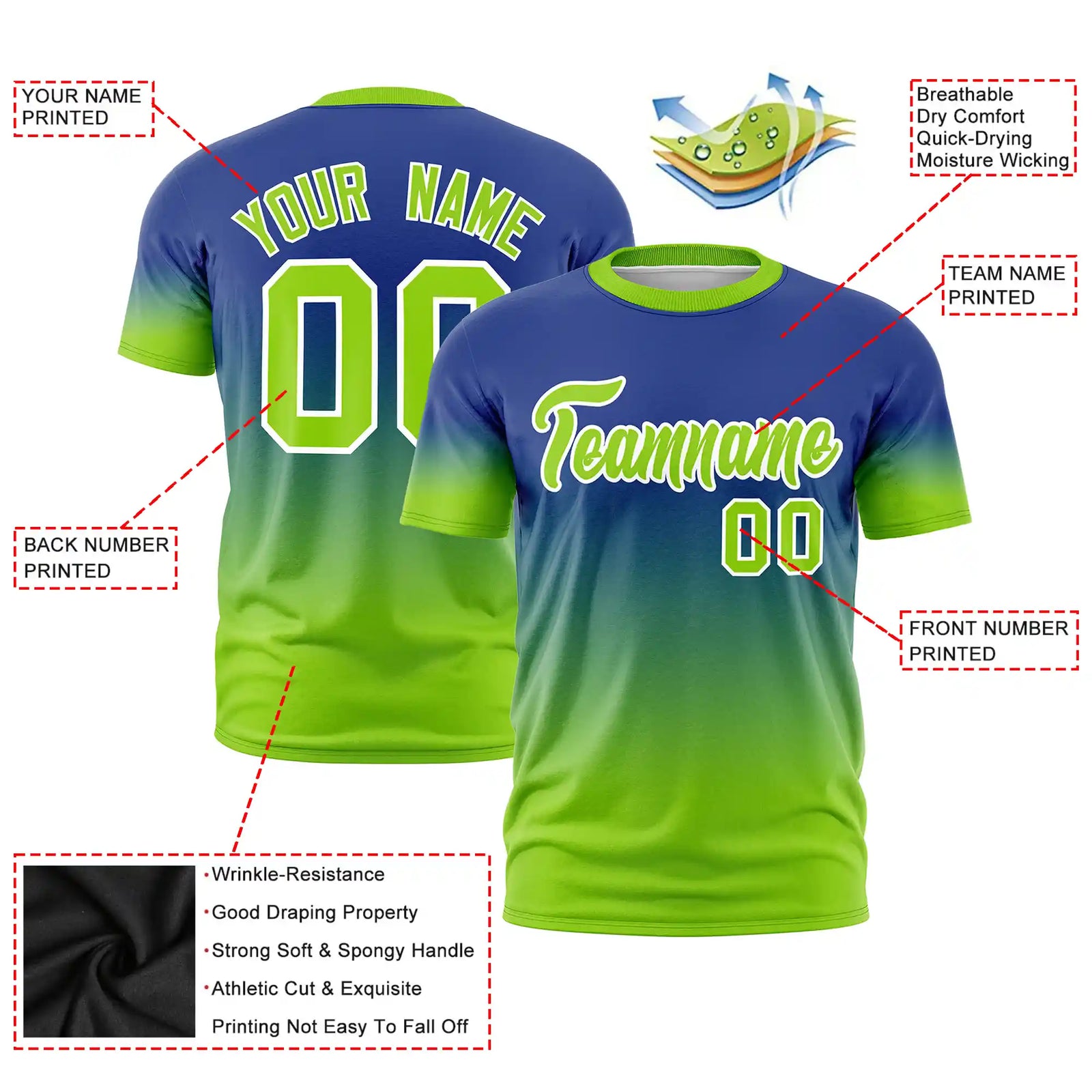 Custom Royal Blue-Neon Green Gradient Fashion Design Performance T-Shirt