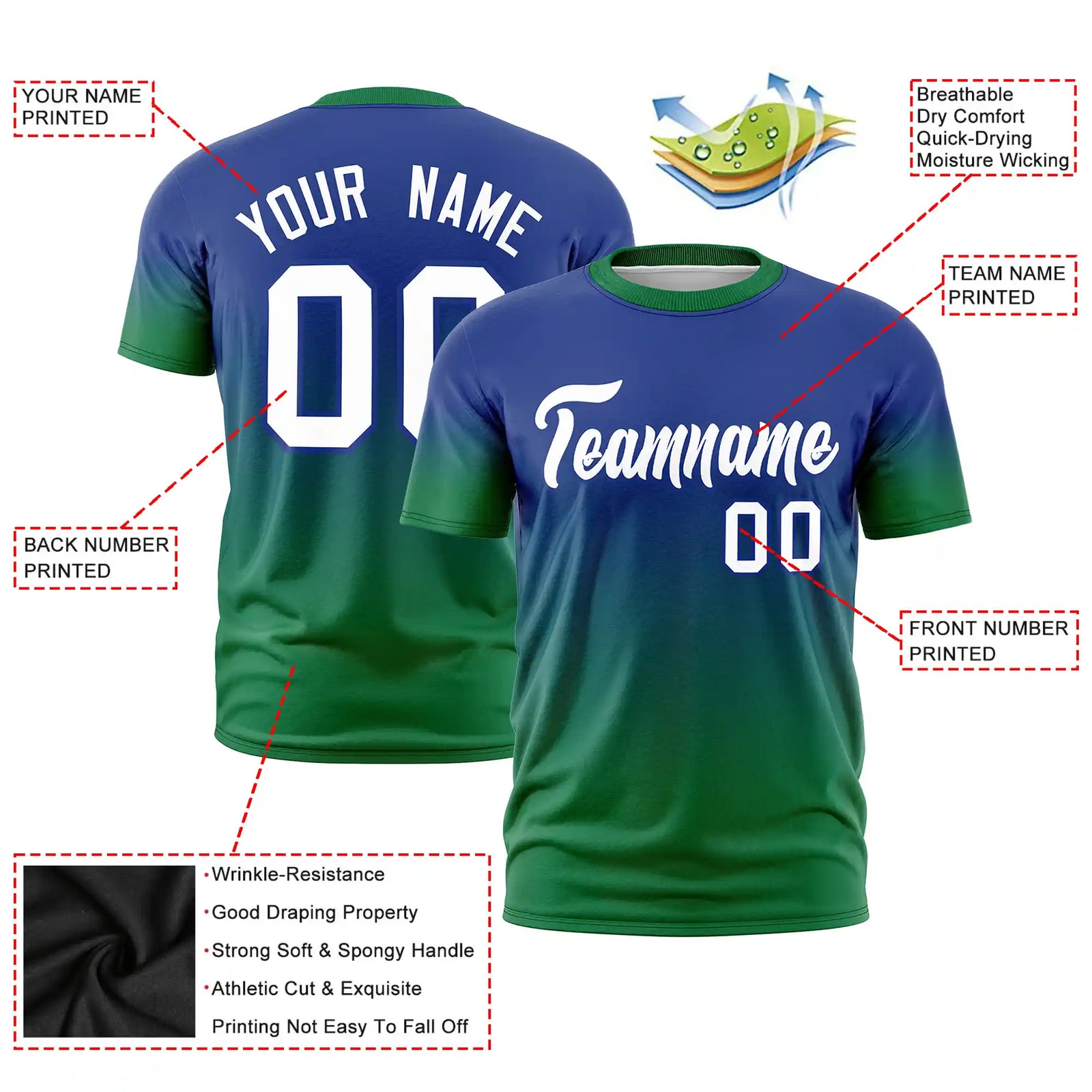 Custom Royal Blue-Kelly Green Gradient Fashion Design Performance T-Shirt