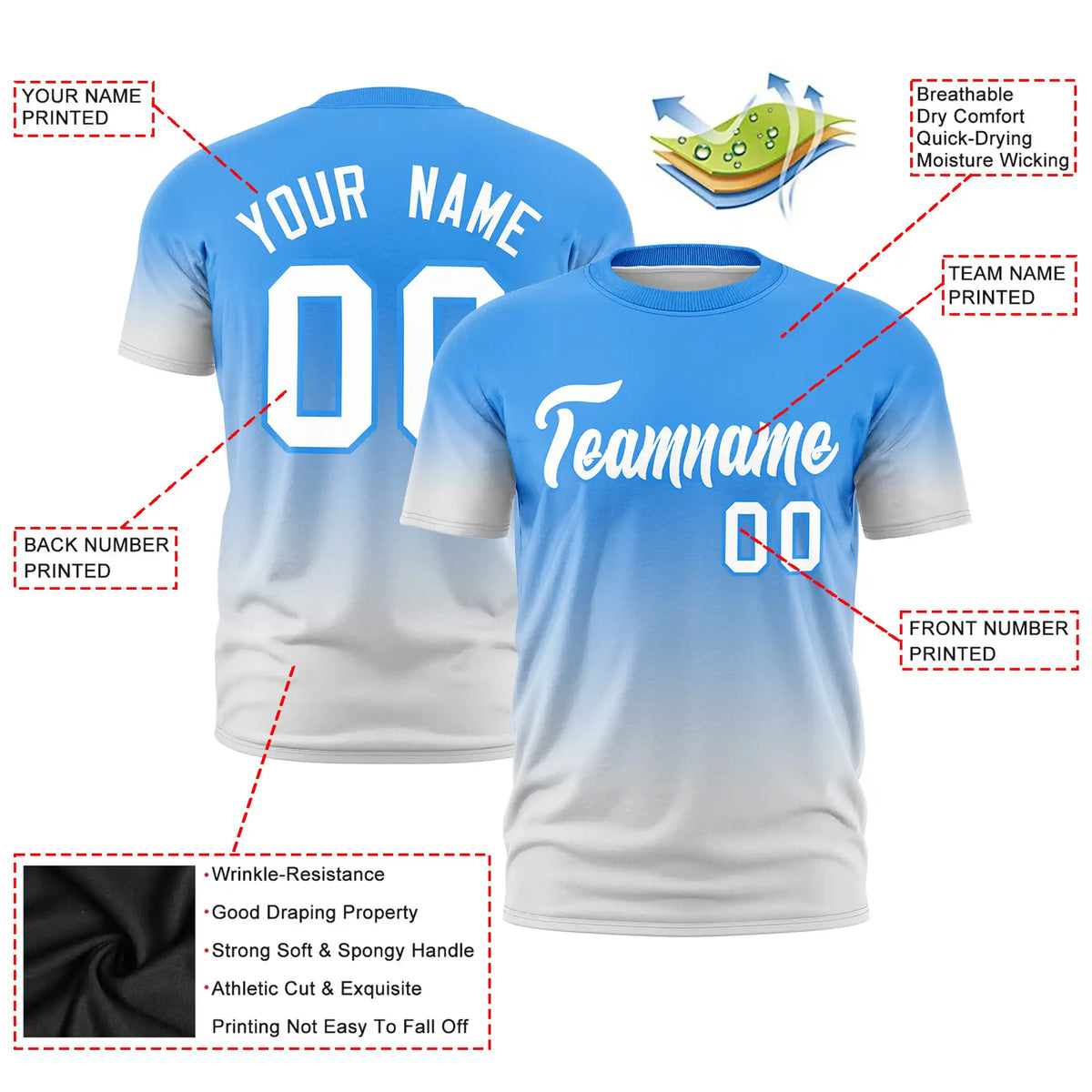 Custom Powder Blue-Gray Gradient Fashion Design Performance T-Shirt
