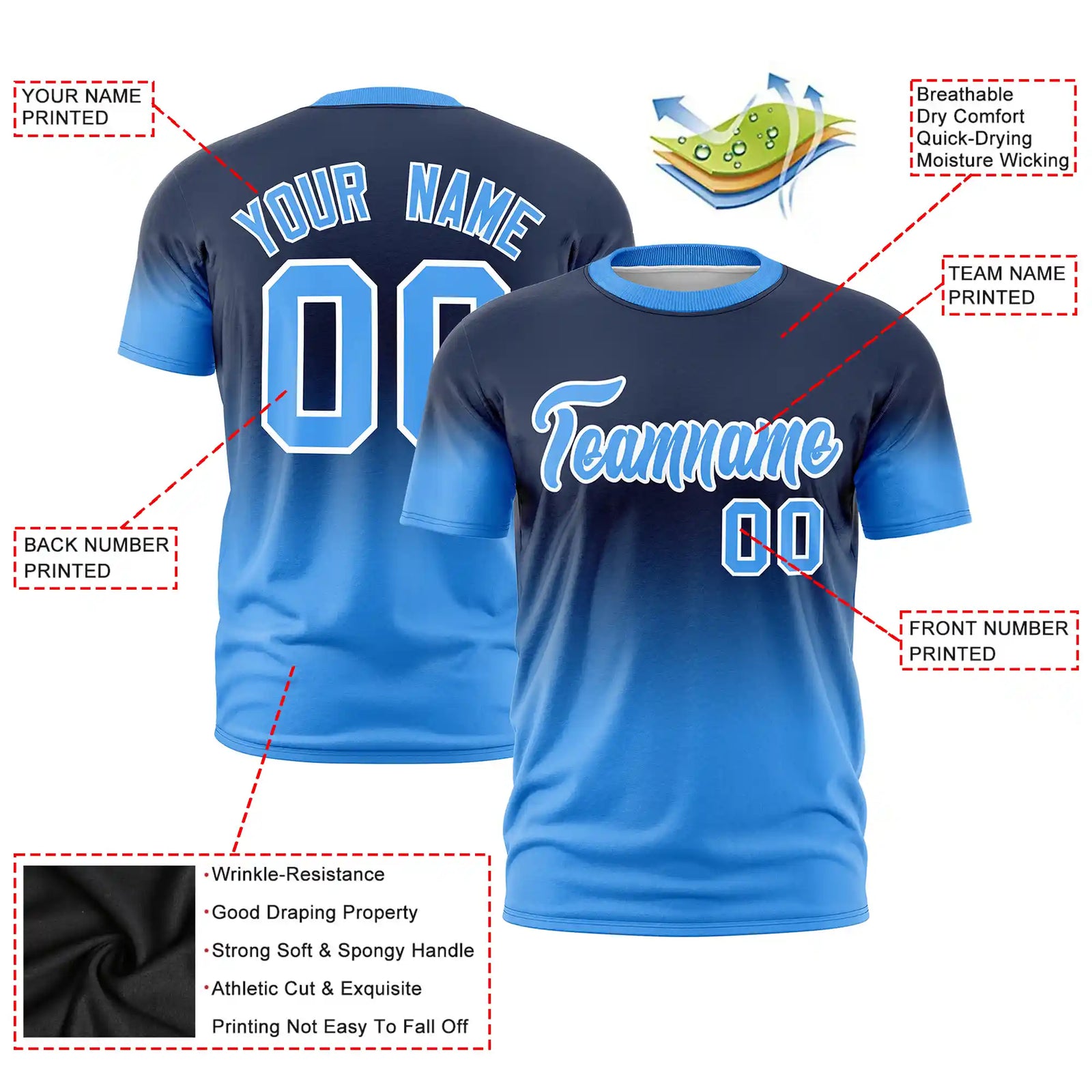 Custom Navy-Powder Blue Gradient Fashion Design Performance T-Shirt