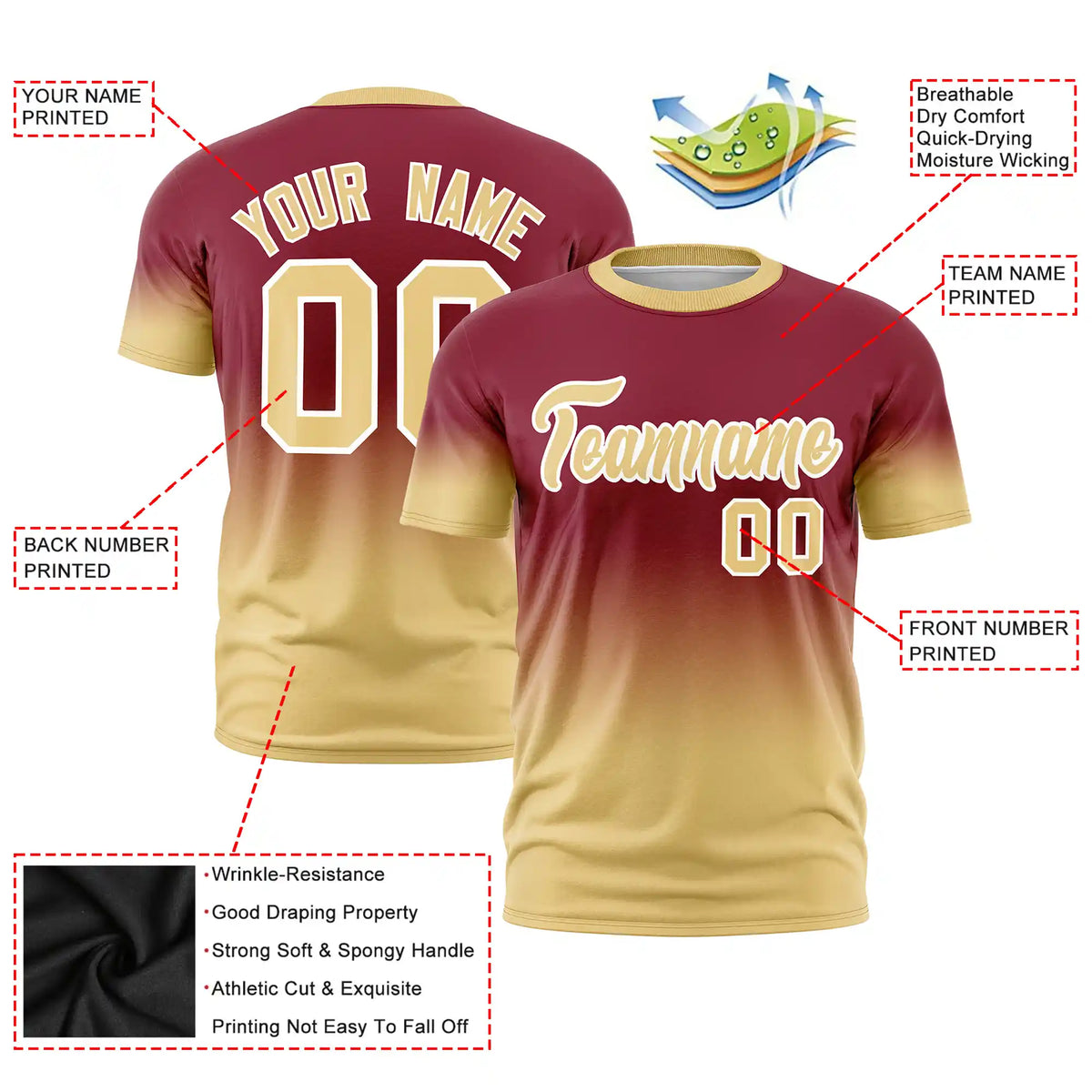 Custom Crimson-Khaki Gradient Fashion Design Performance T-Shirt