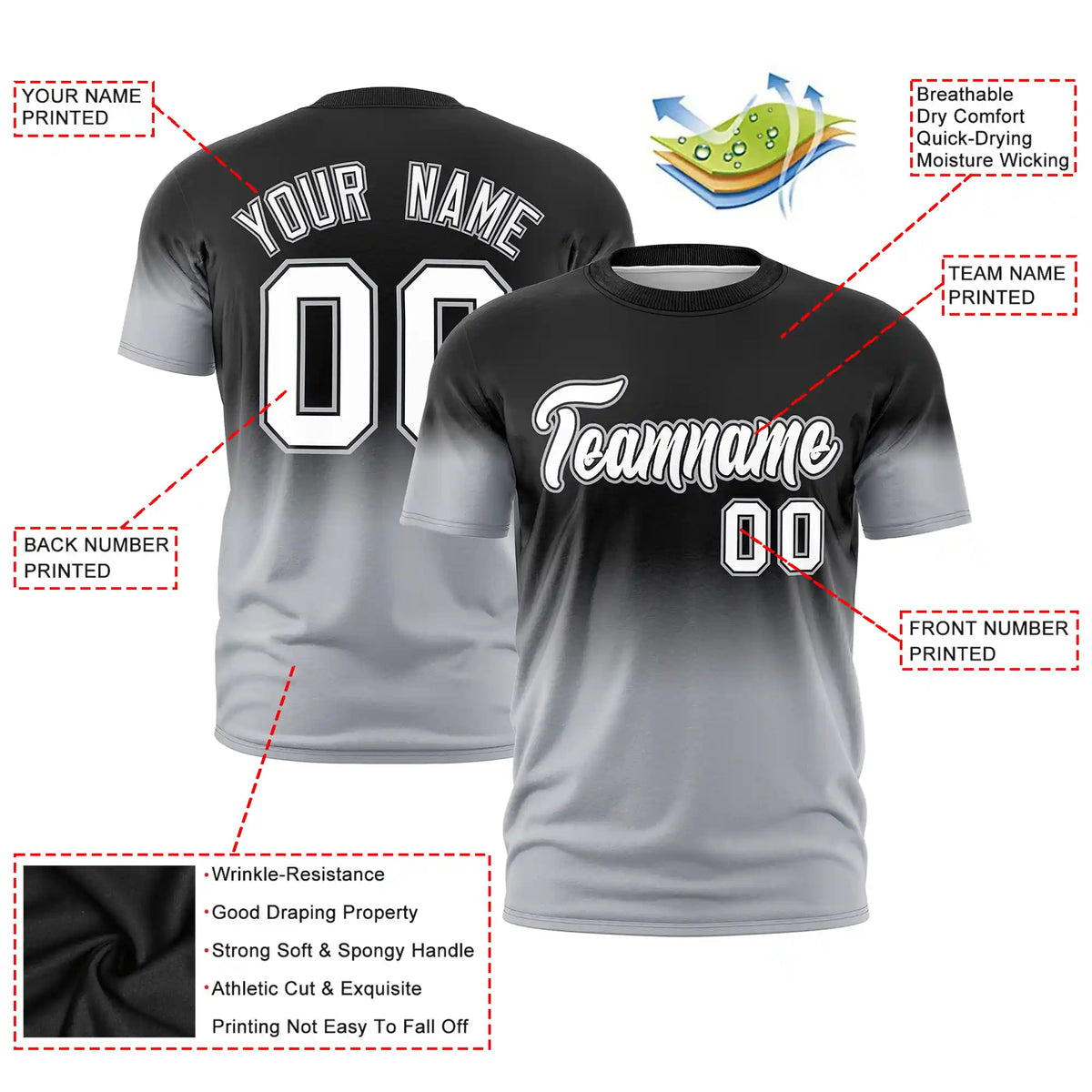 Custom Black-Gray Gradient Fashion Design Performance T-Shirt