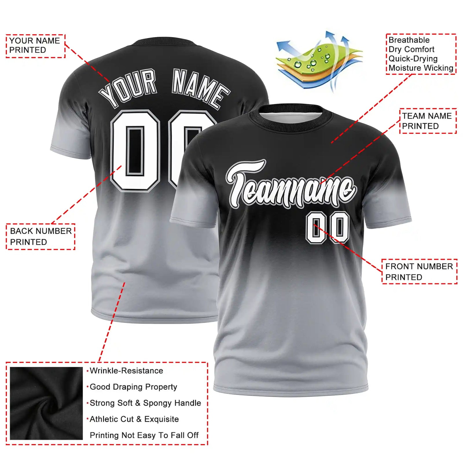 Custom Black-Gray Gradient Fashion Design Performance T-Shirt