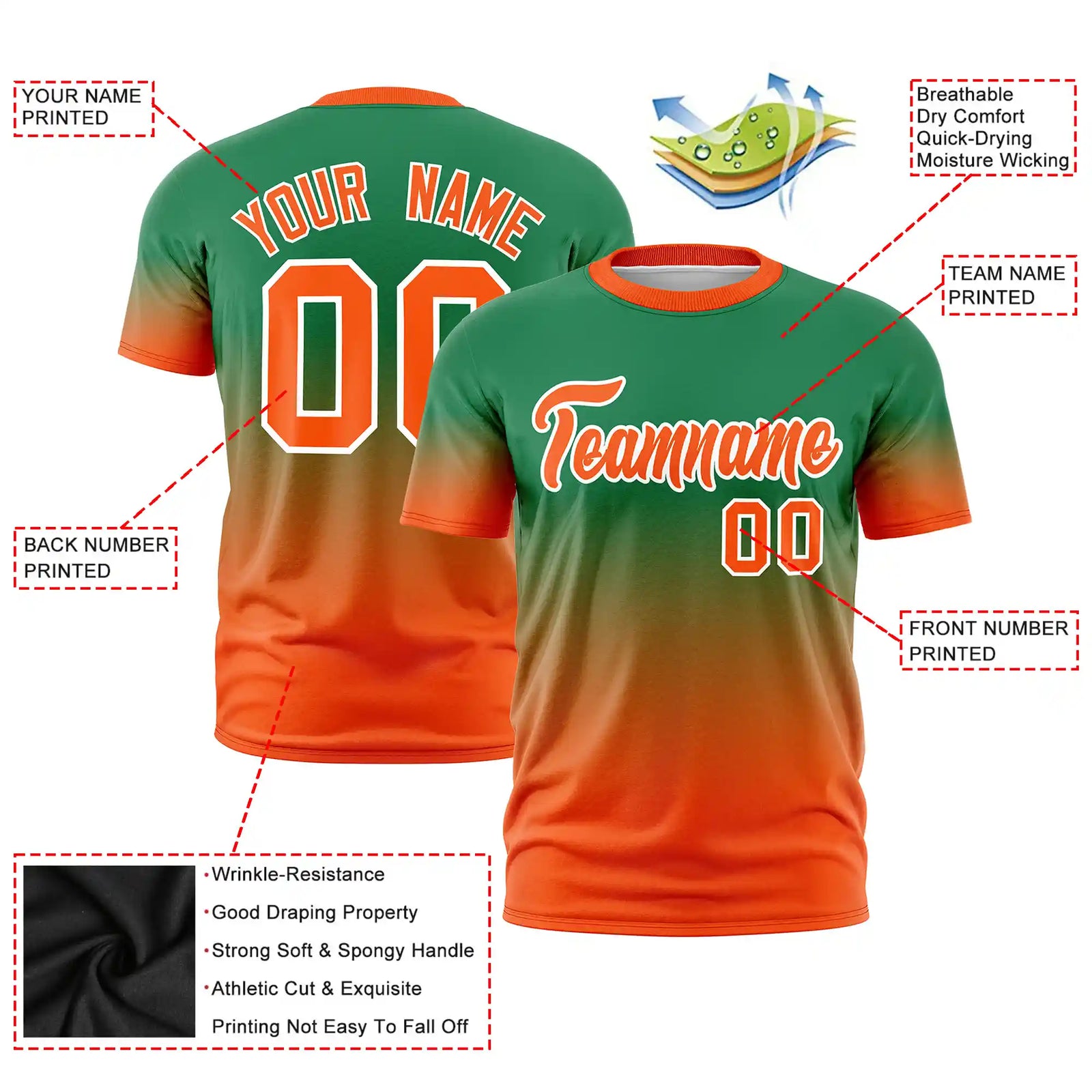 Custom Kelly Green-Orange Gradient Fashion Design Performance T-Shirt