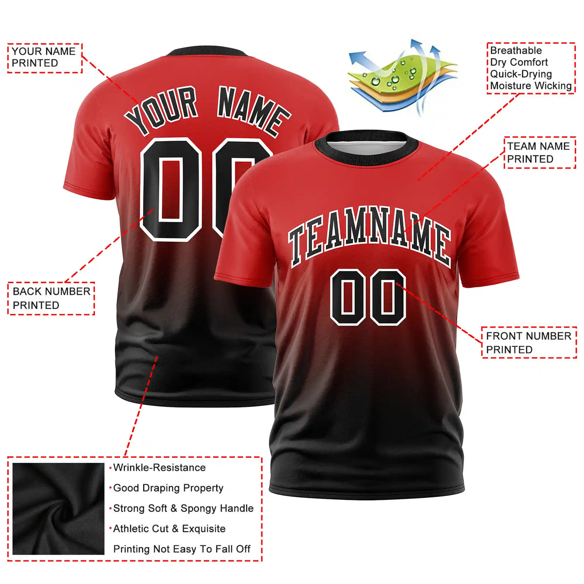 Custom Red-Black Gradient Fashion Design Performance T-Shirt