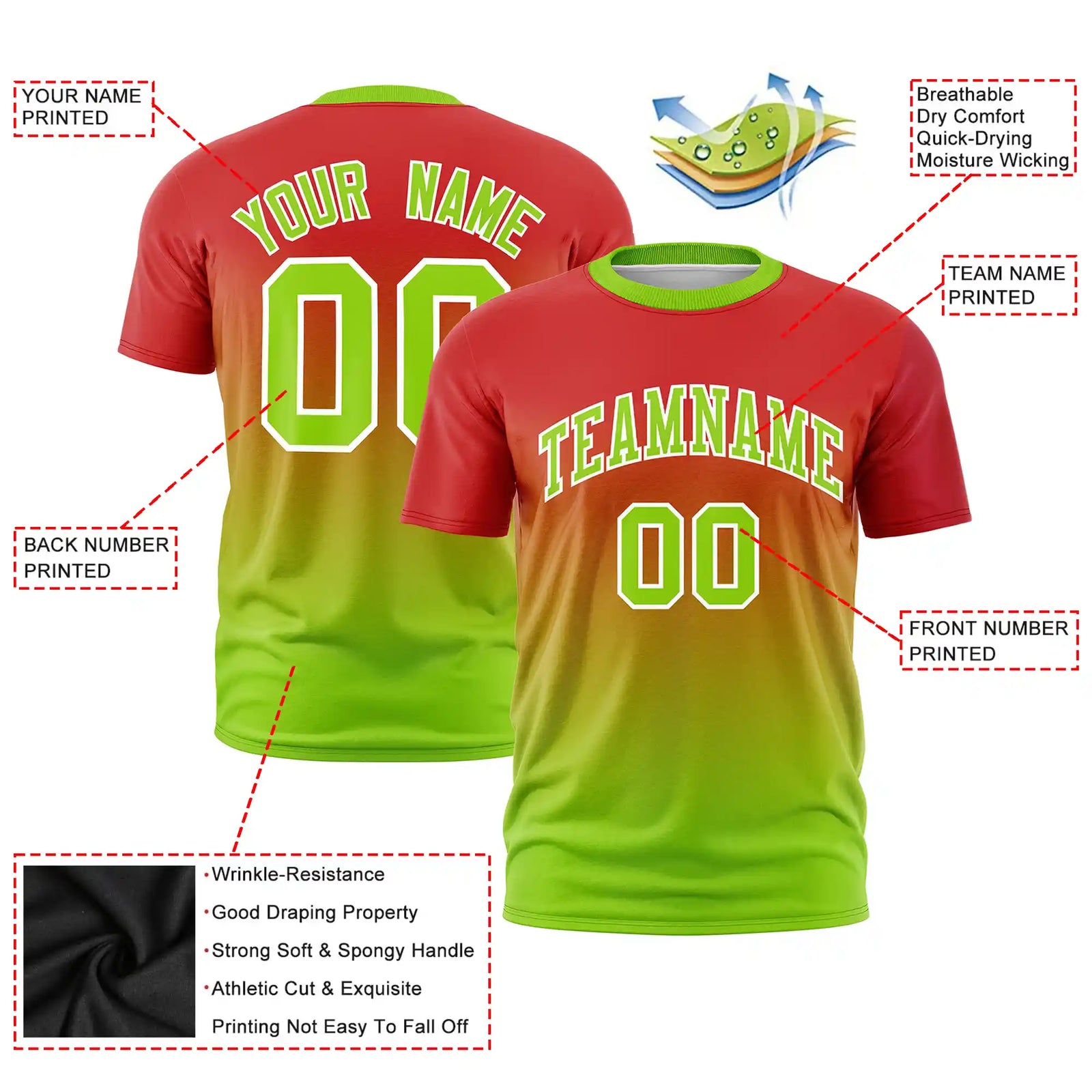 Custom Red-Neon Green Gradient Fashion Design Performance T-Shirt