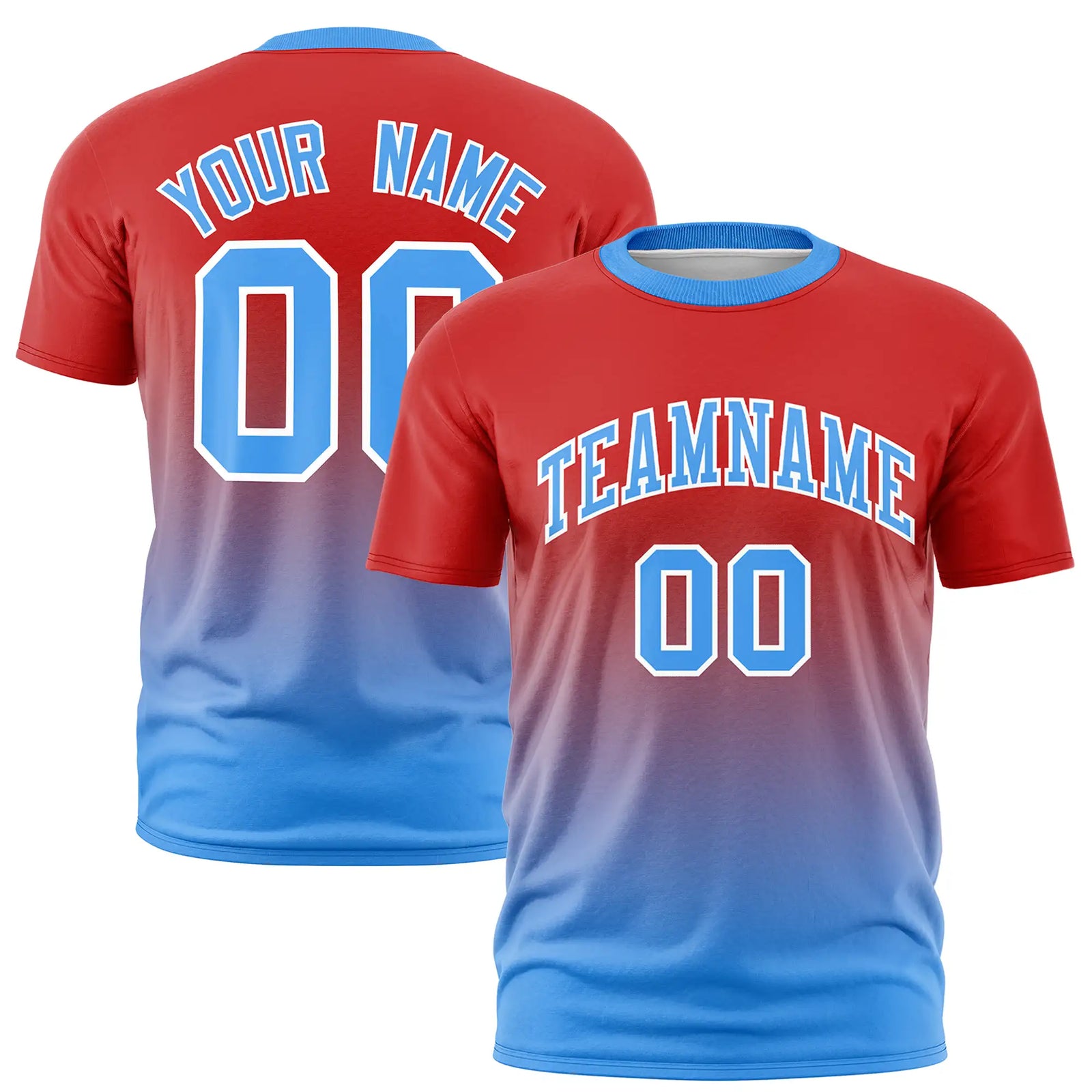 Custom Red-Powder Blue Gradient Fashion Design Performance T-Shirt