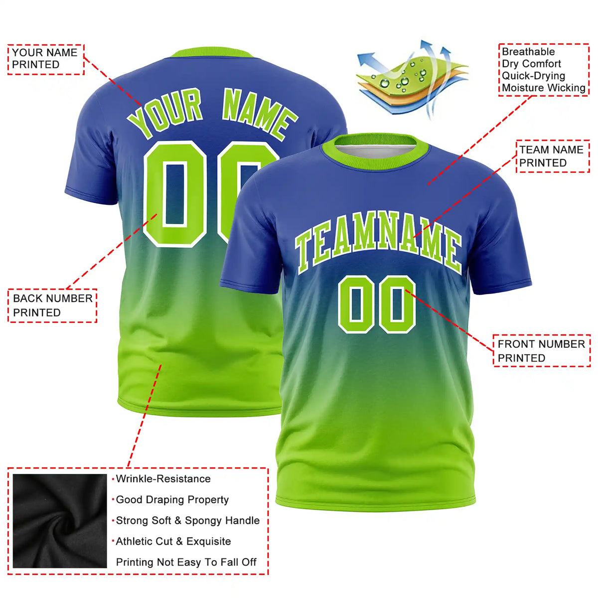 Custom Royal Blue-Neon Green Gradient Fashion Design Performance T-Shirt