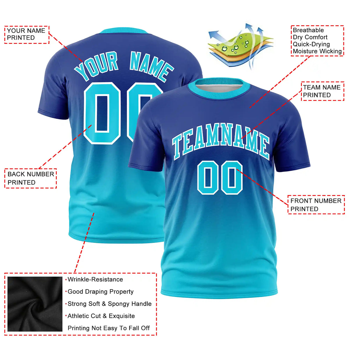 Custom Royal Blue-Sky Blue Gradient Fashion Design Performance T-Shirt