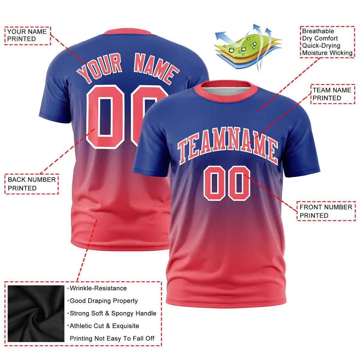 Custom Royal Blue-Light Red Gradient Fashion Design Performance T-Shirt