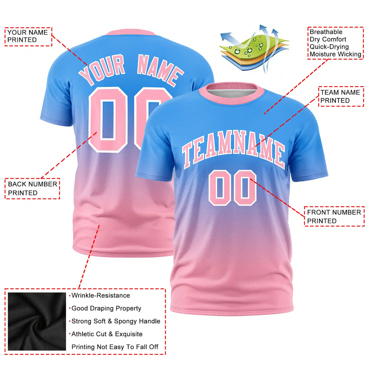 Custom Powder Blue-Light Pink Gradient Fashion Design Performance T-Shirt
