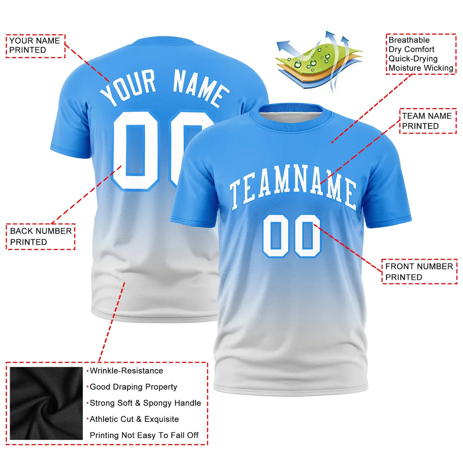 Custom Powder Blue-Gray Gradient Fashion Design Performance T-Shirt