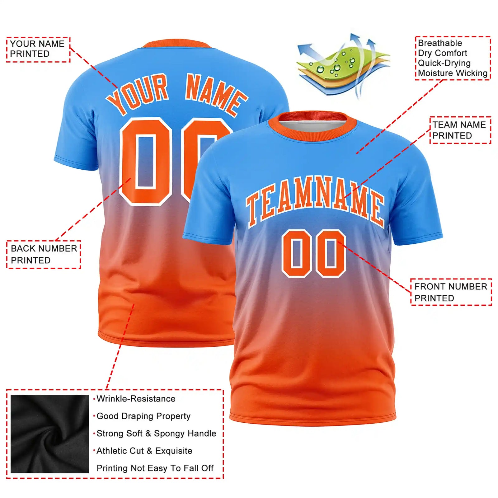 Custom Powder Blue-Orange Gradient Fashion Design Performance T-Shirt