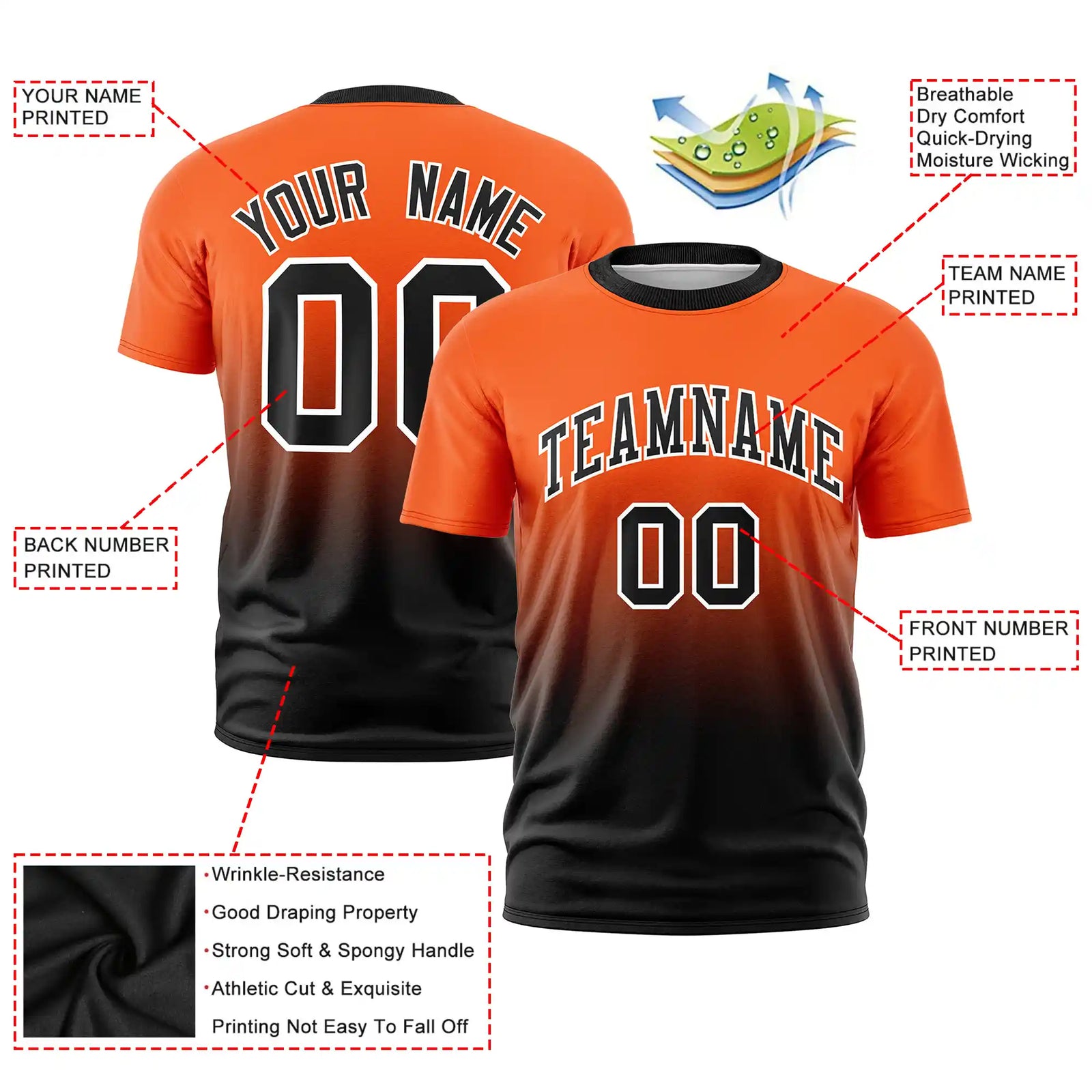 Custom Orange-Black Gradient Fashion Design Performance T-Shirt