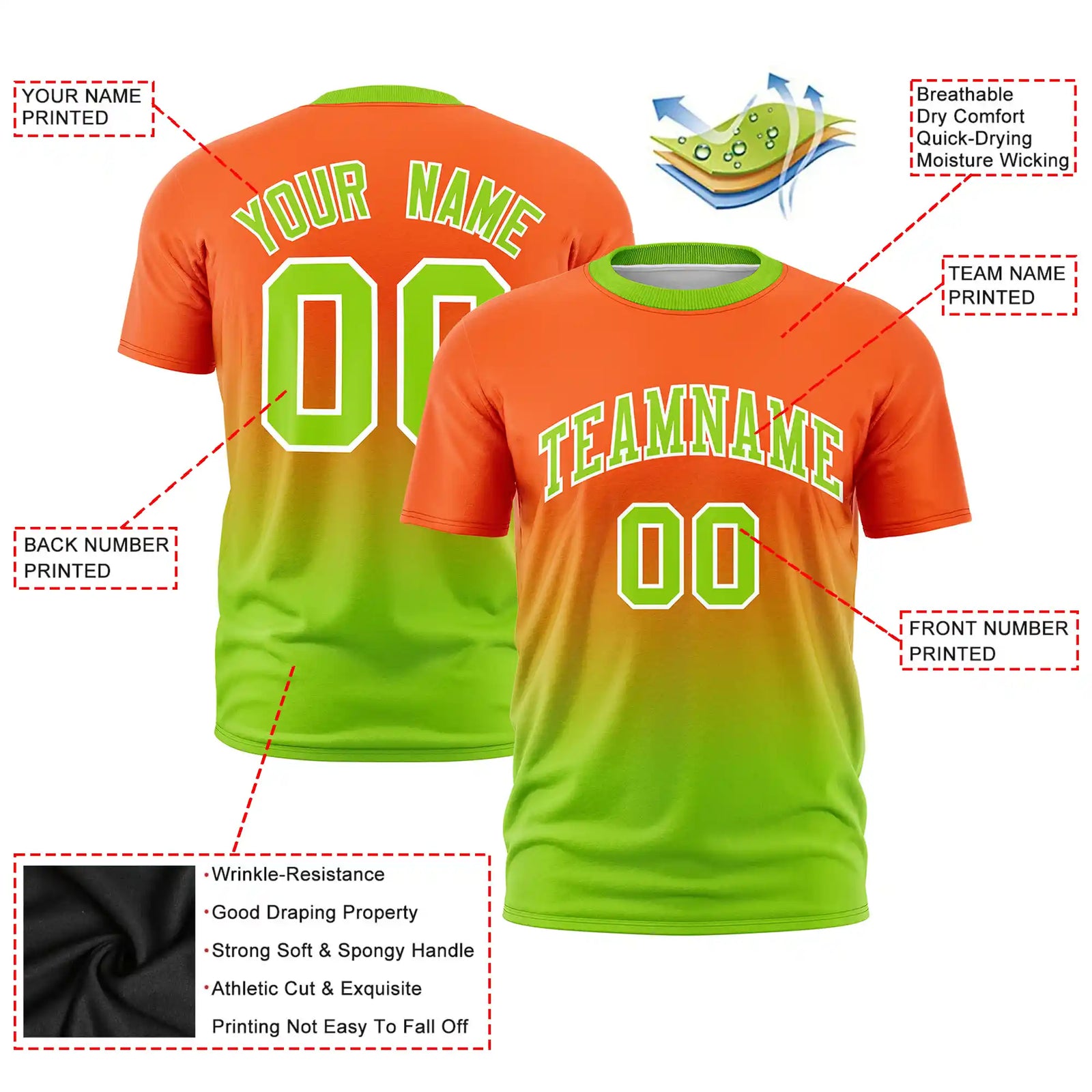 Custom Orange-Neon Green Gradient Fashion Design Performance T-Shirt