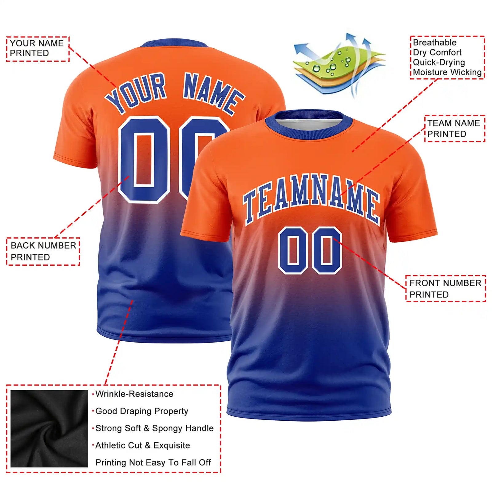 Custom Orange-Royal Blue Gradient Fashion Design Performance T-Shirt