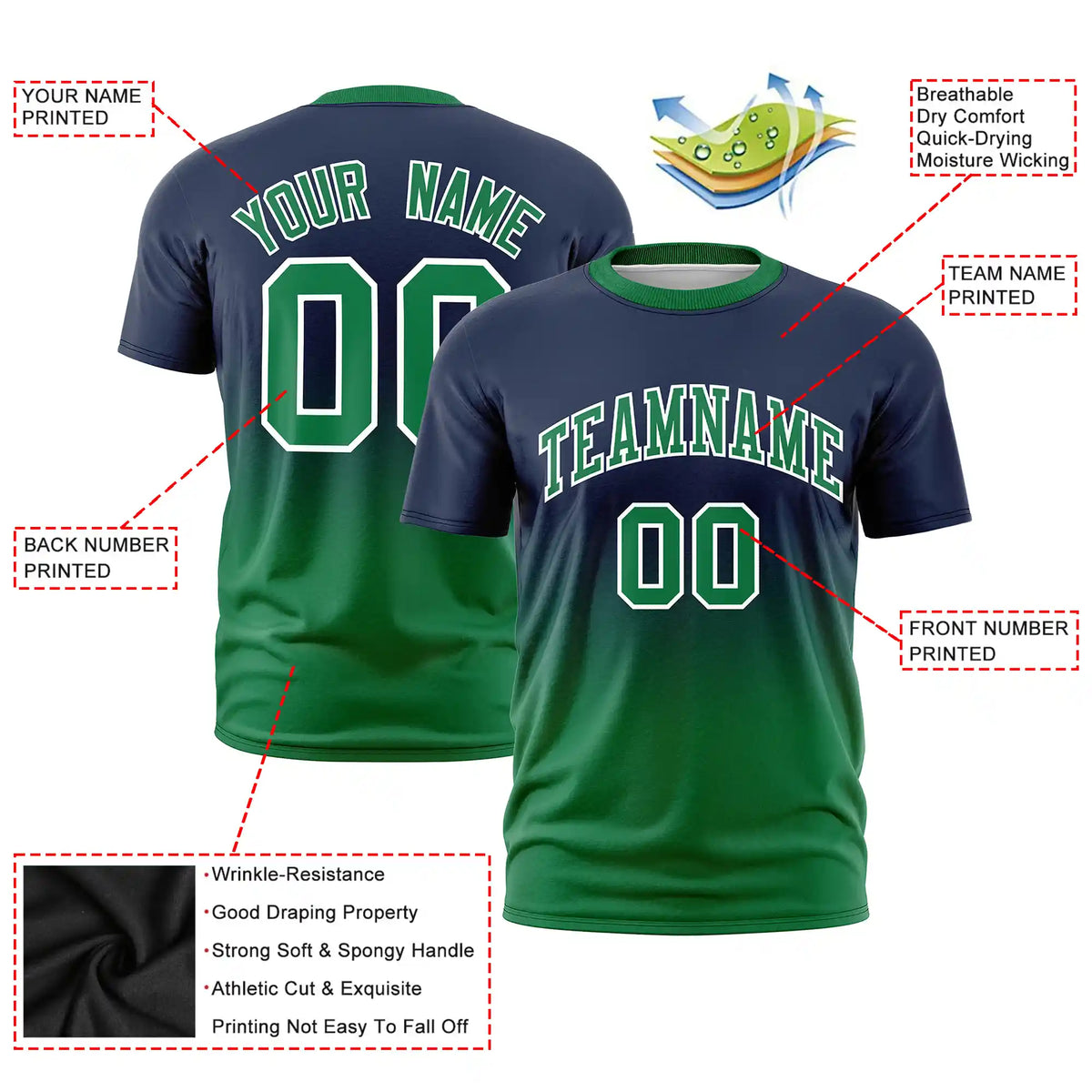 Custom Navy-Kelly Green Gradient Fashion Design Performance T-Shirt