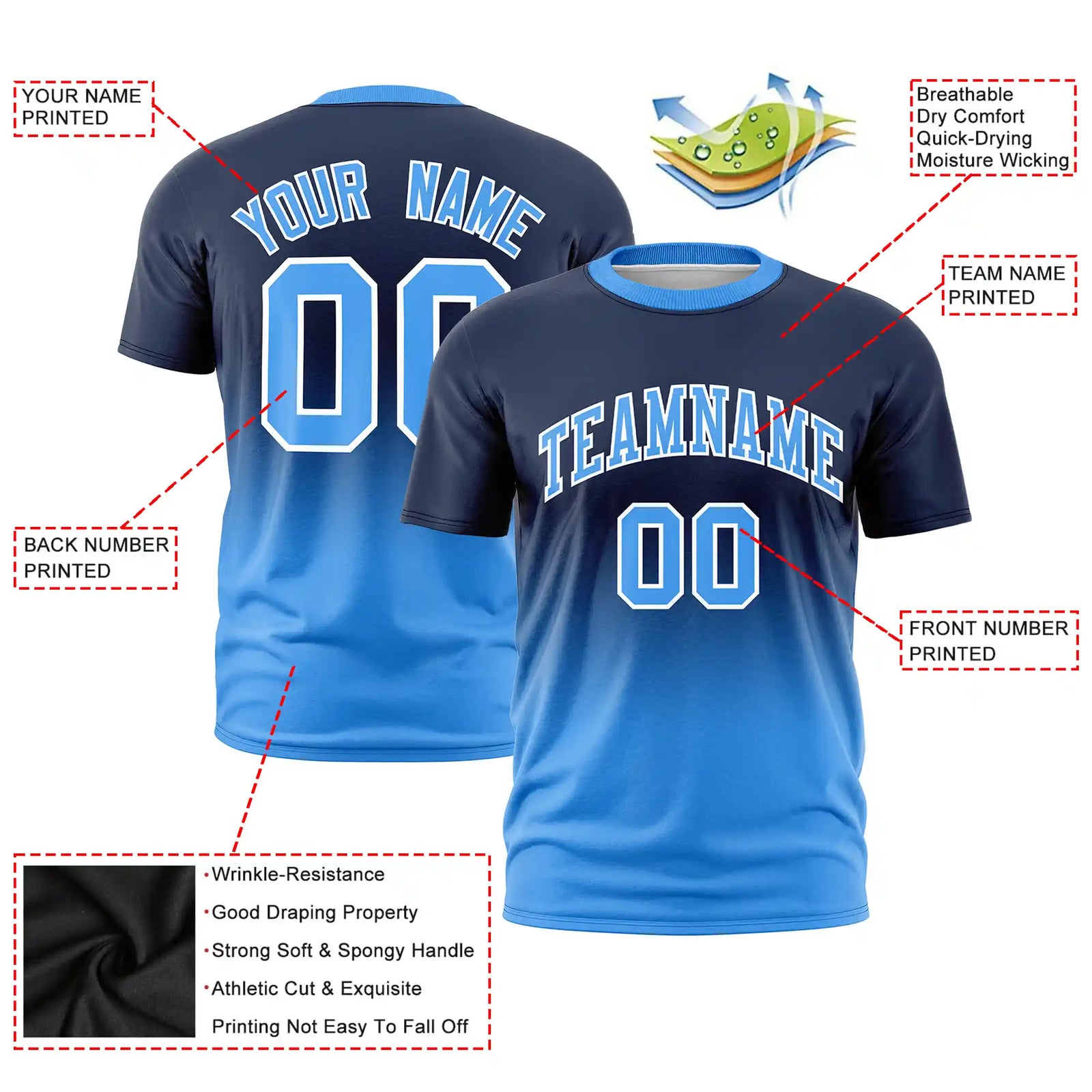 Custom Navy-Powder Blue Gradient Fashion Design Performance T-Shirt