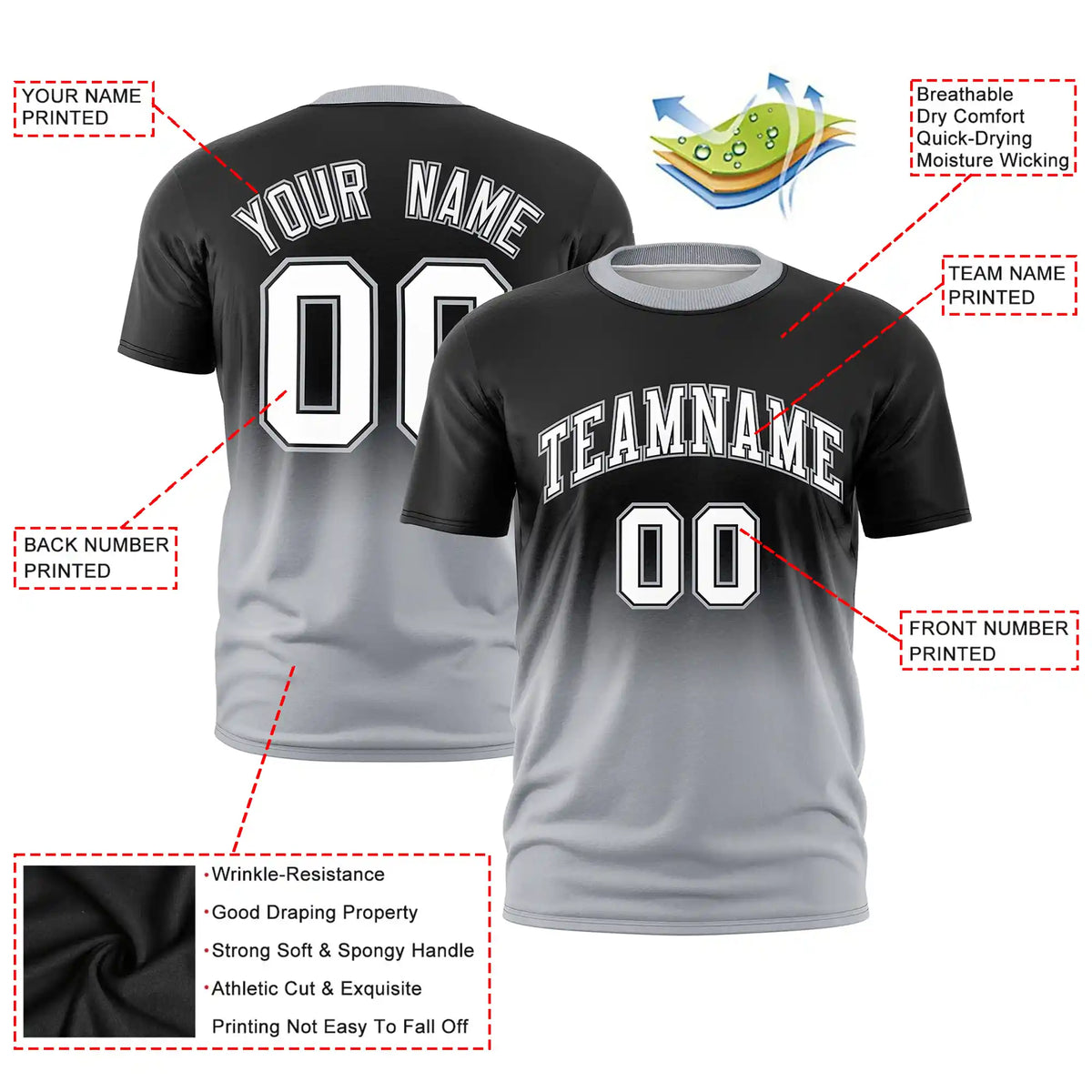 Custom Black-Gray Gradient Fashion Design Performance T-Shirt