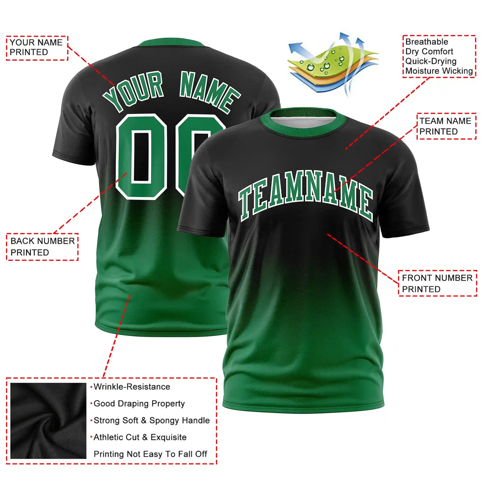 Custom Black-Kelly Green Gradient Fashion Design Performance T-Shirt