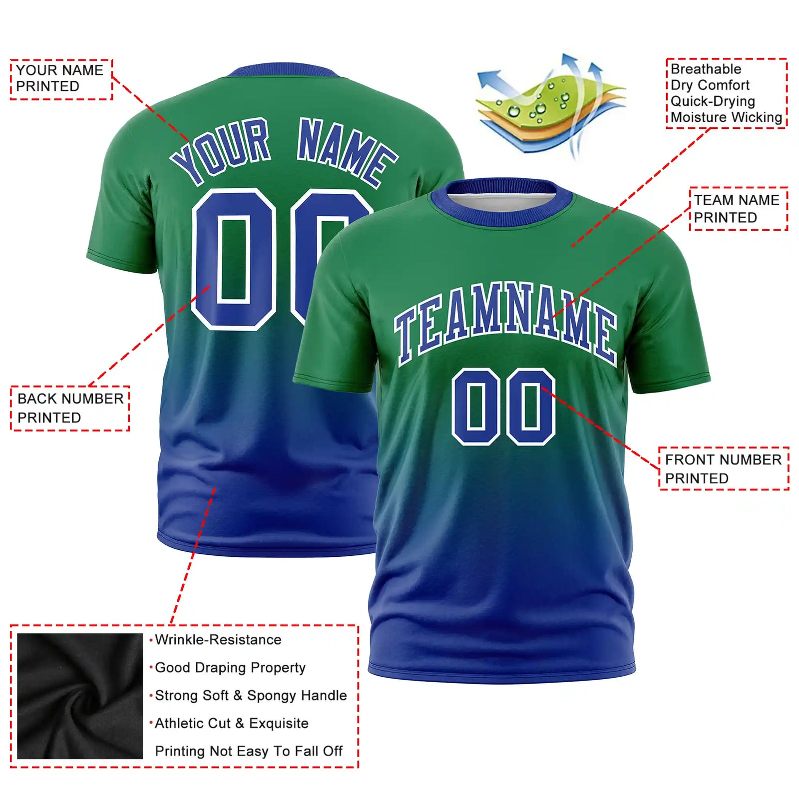 Custom Kelly Green-Royal Blue Gradient Fashion Design Performance T-Shirt