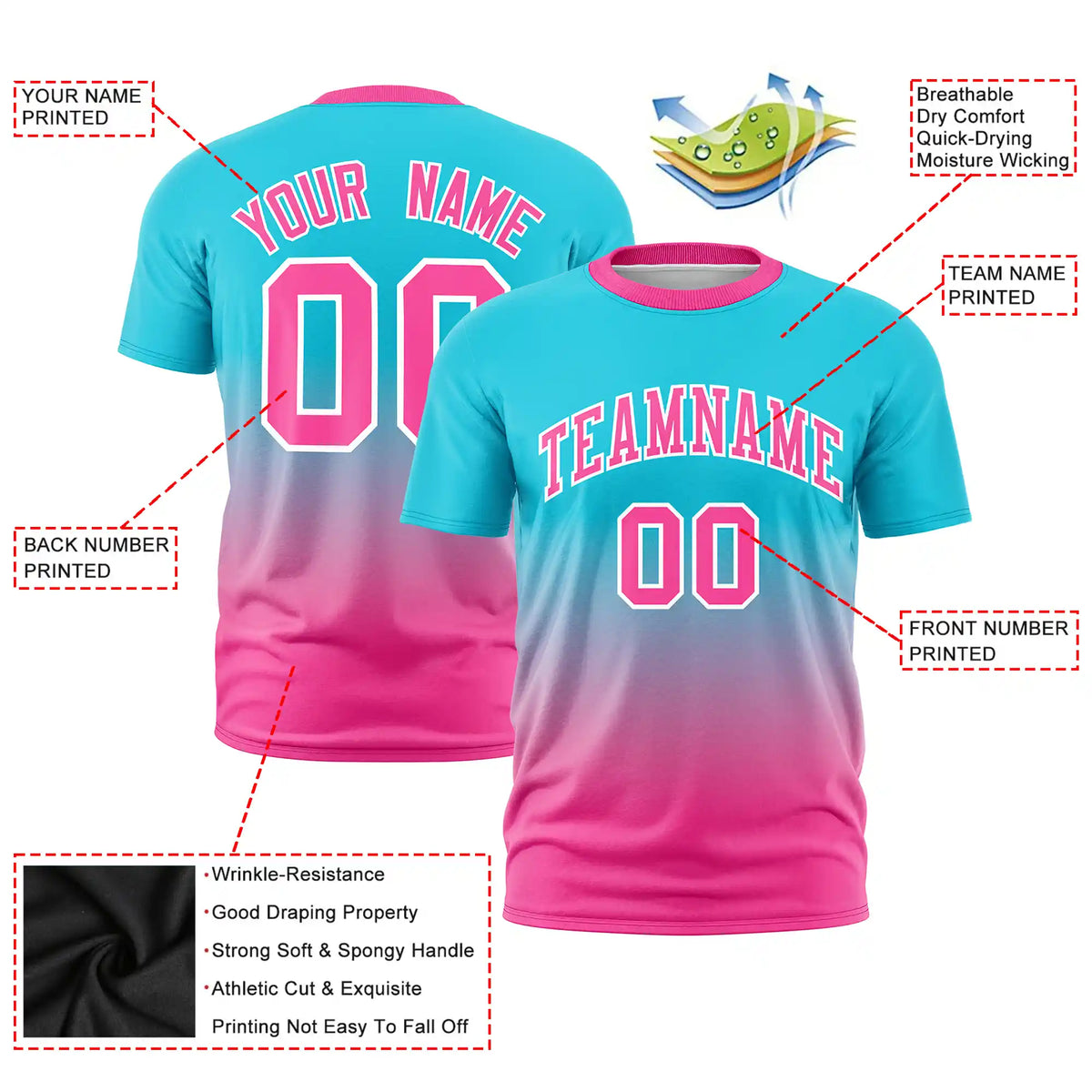 Custom Sky Blue-Pink Gradient Fashion Design Performance T-Shirt