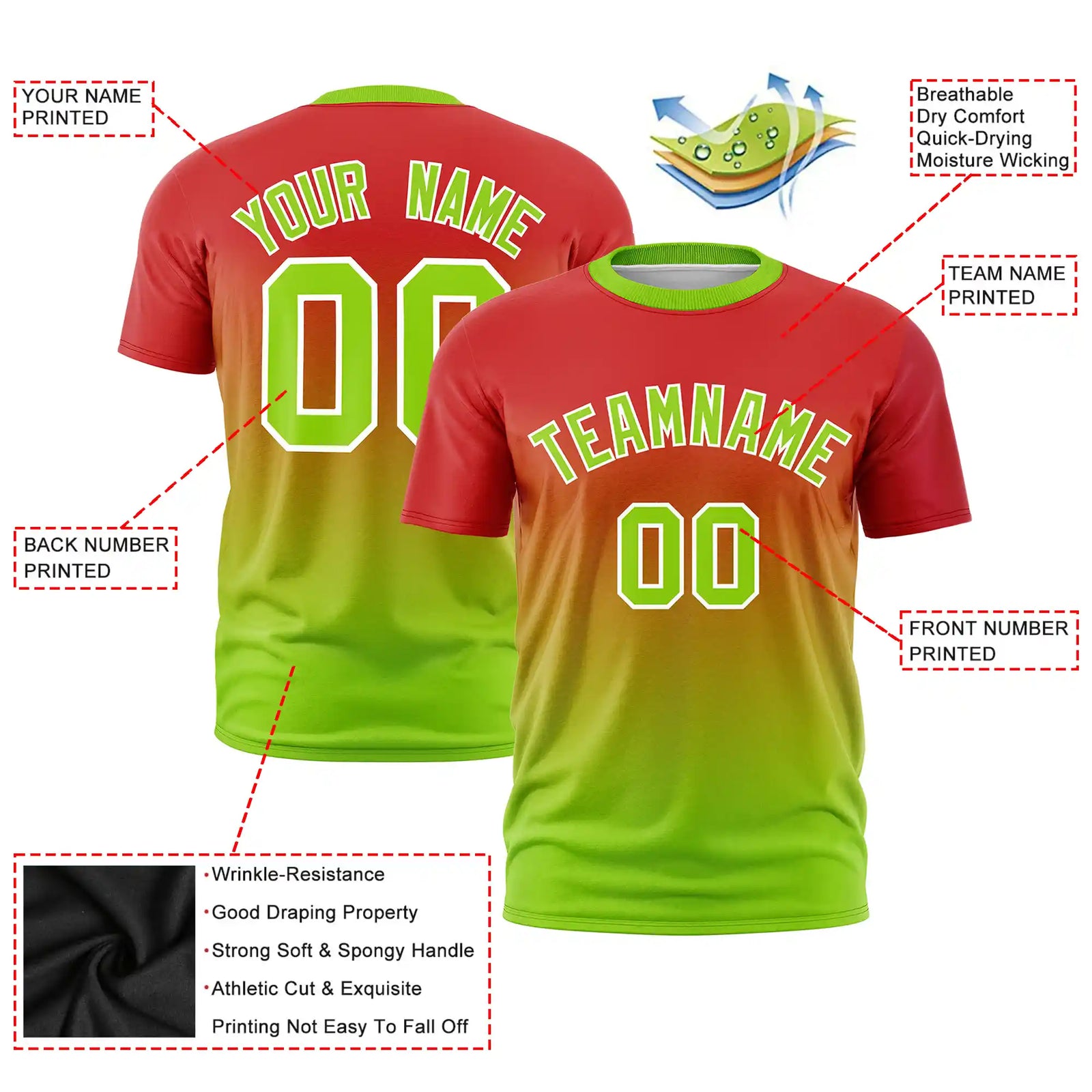 Custom Red-Neon Green Gradient Fashion Design Performance T-Shirt