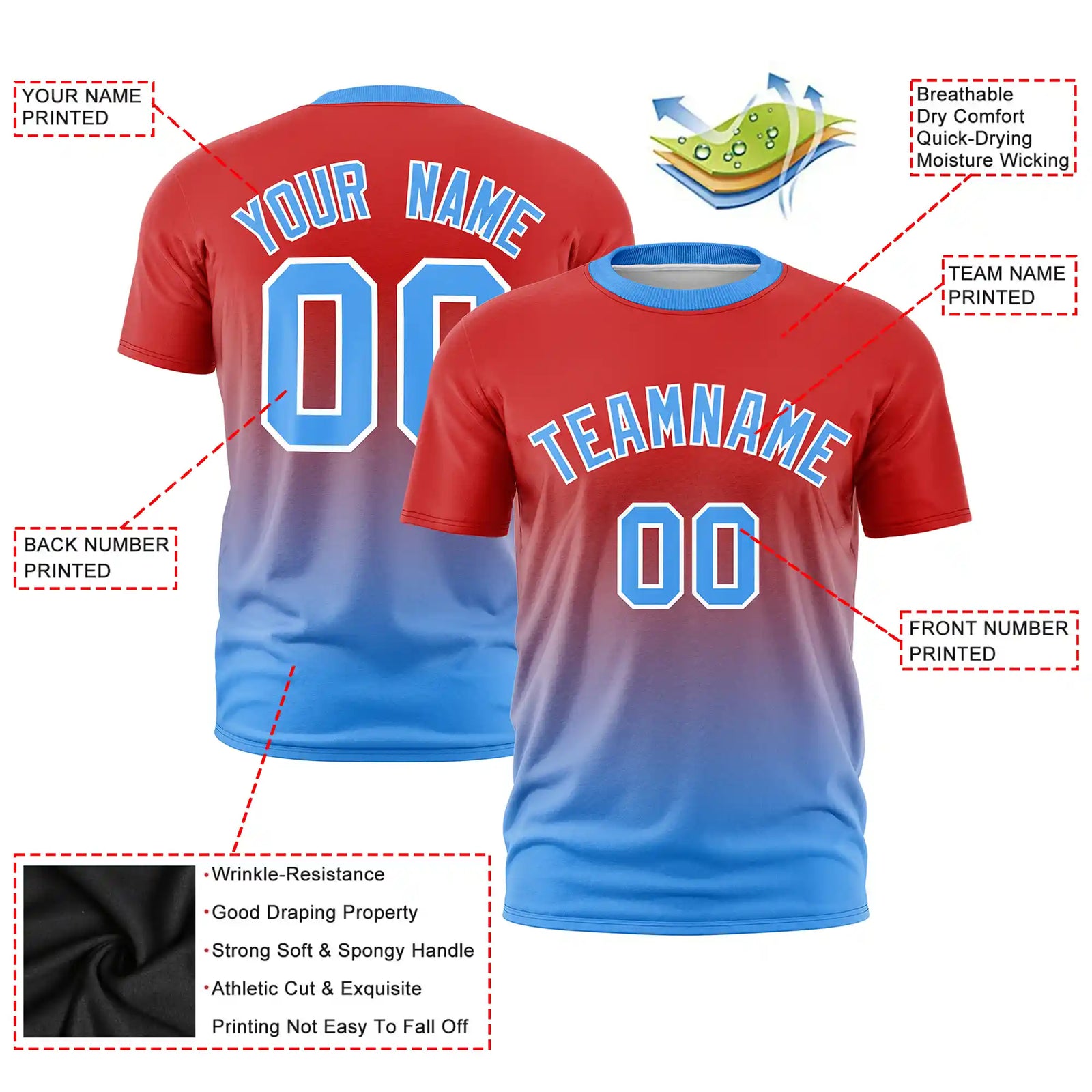 Custom Red-Powder Blue Gradient Fashion Design Performance T-Shirt